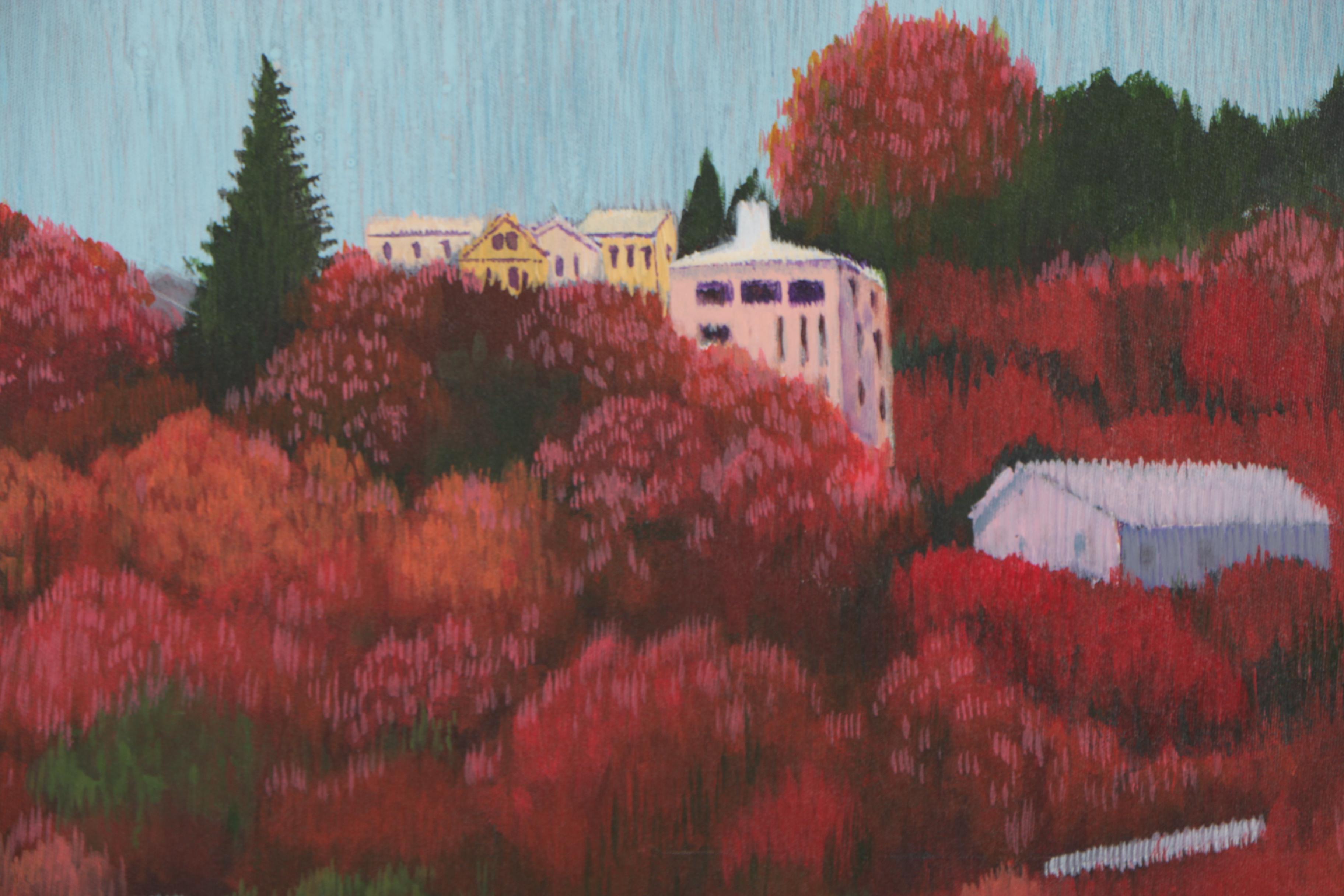 J.C. Hall Lineillist Acrylic Painting of Autumnal Townscape
