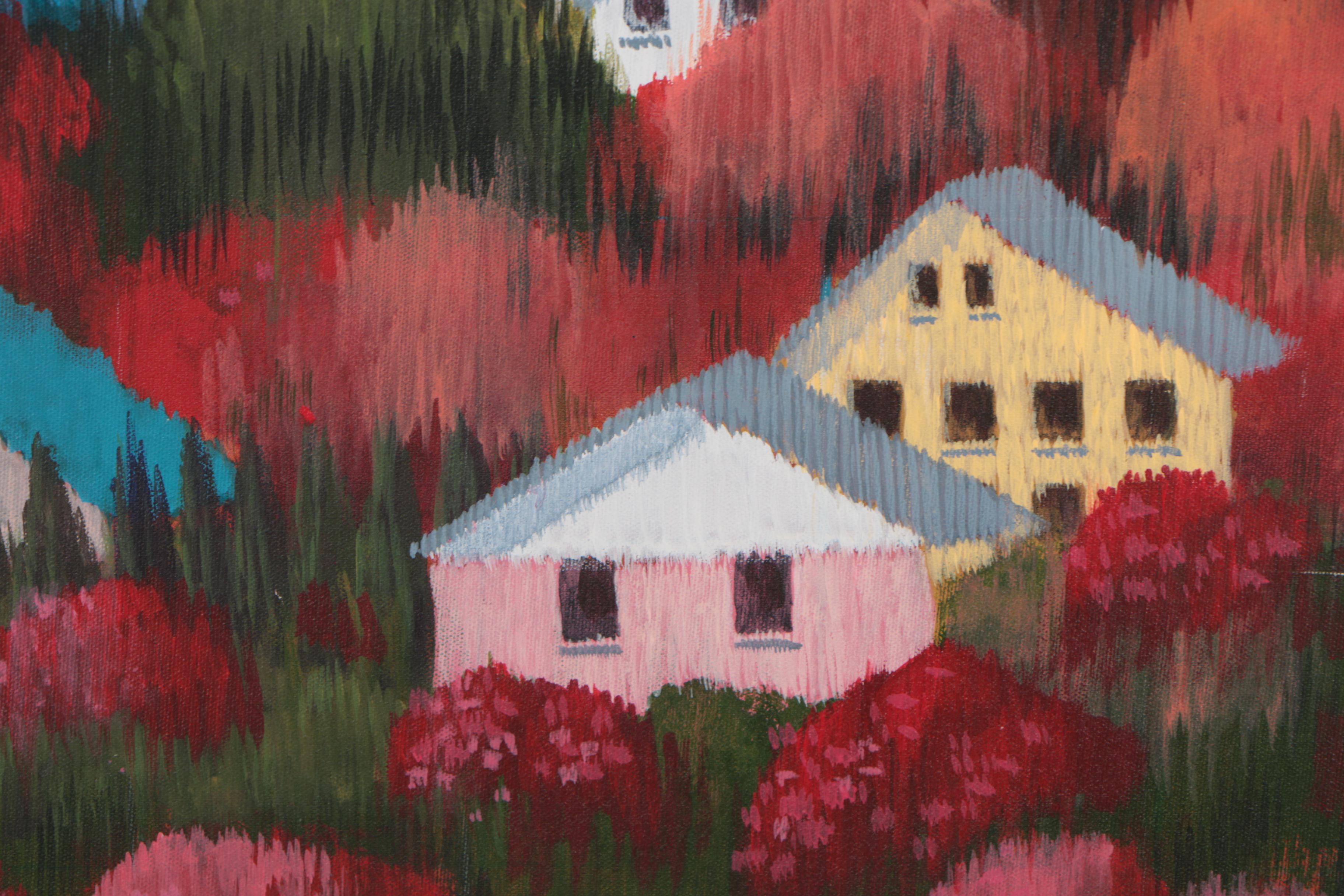 J.C. Hall Lineillist Acrylic Painting of Autumnal Townscape