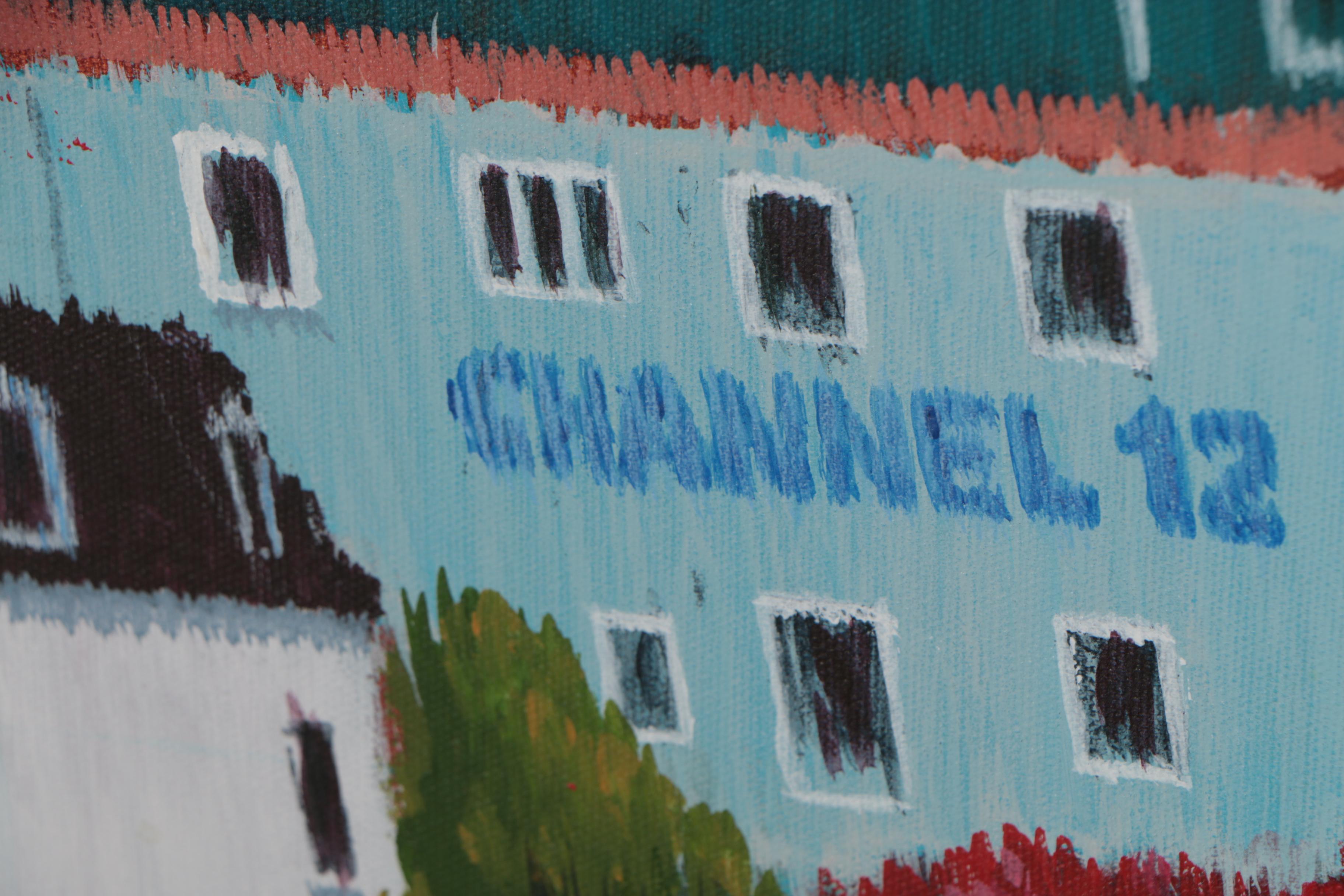 J.C. Hall Lineillist Acrylic Painting of Autumnal Townscape