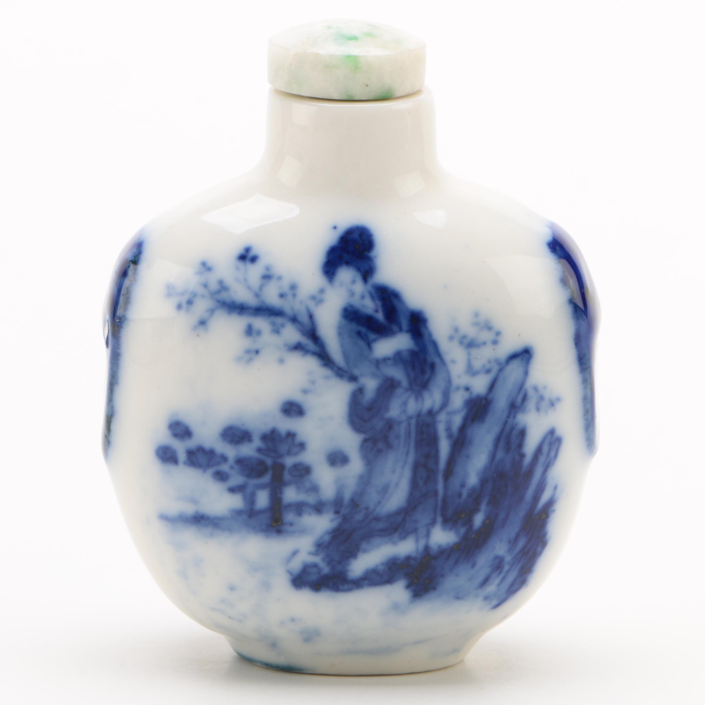 Chinese Blue on White Porcelain Snuff Bottle with Stone Top