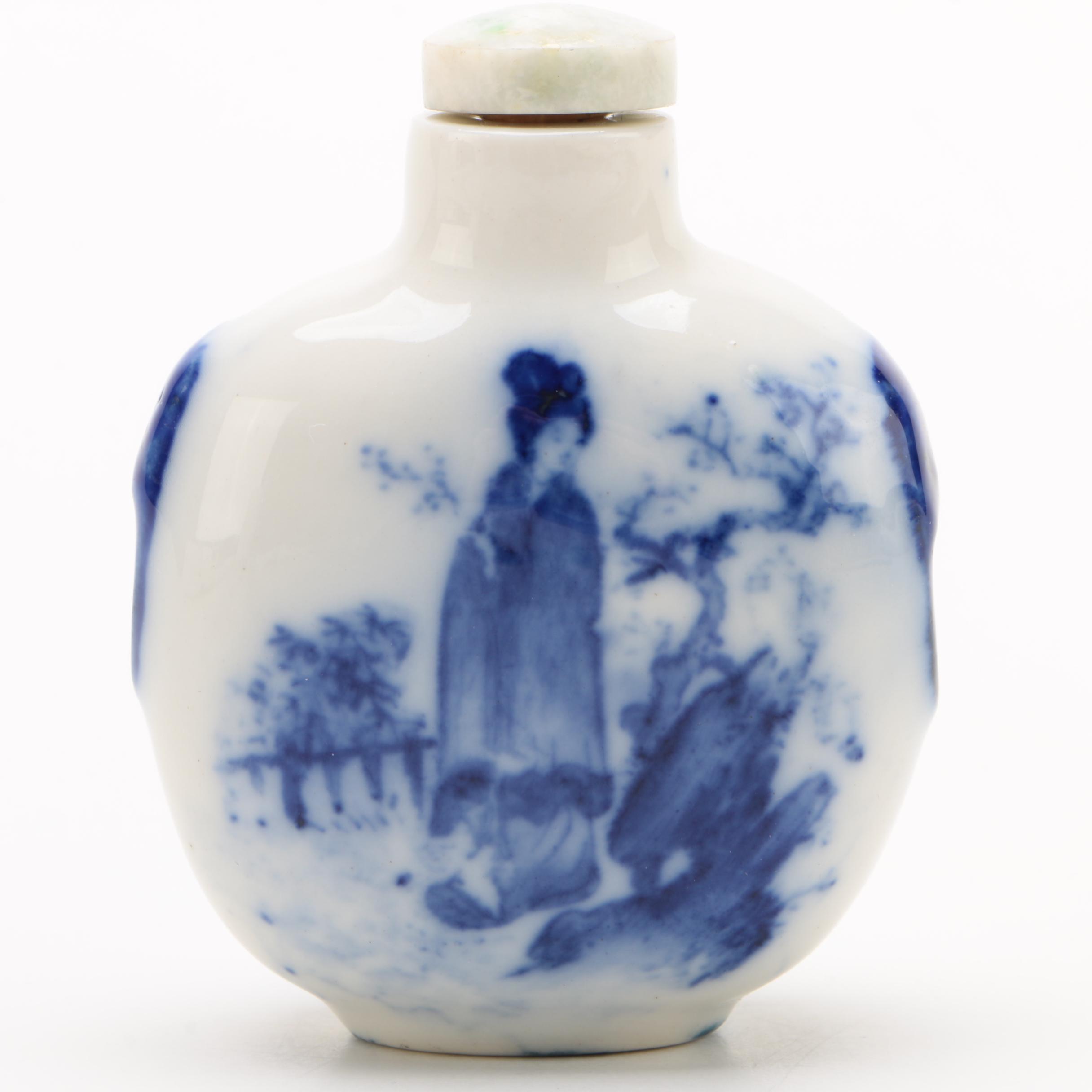 Chinese Blue on White Porcelain Snuff Bottle with Stone Top