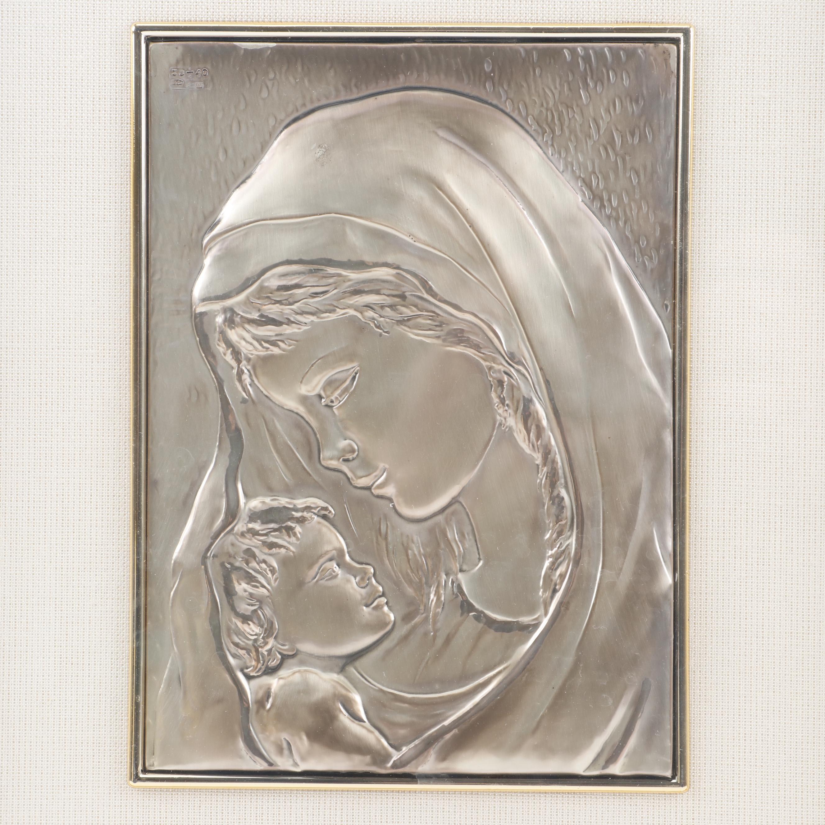 Italian Sterling Silver Madonna and Child Wall Plaque