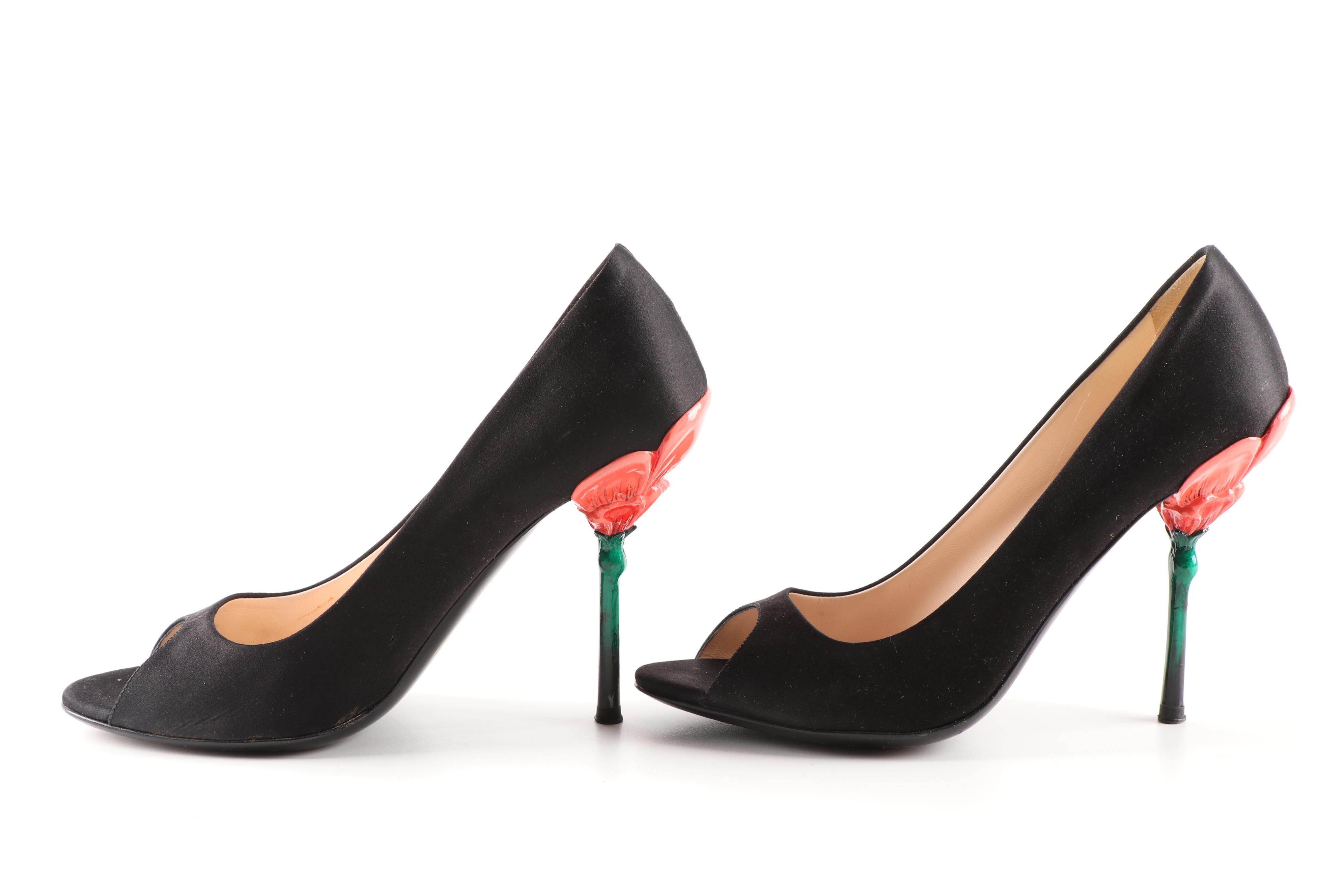 Prada Milano Black Satin Fairy Collection Open Toe Sculpted High-Heeled Pumps