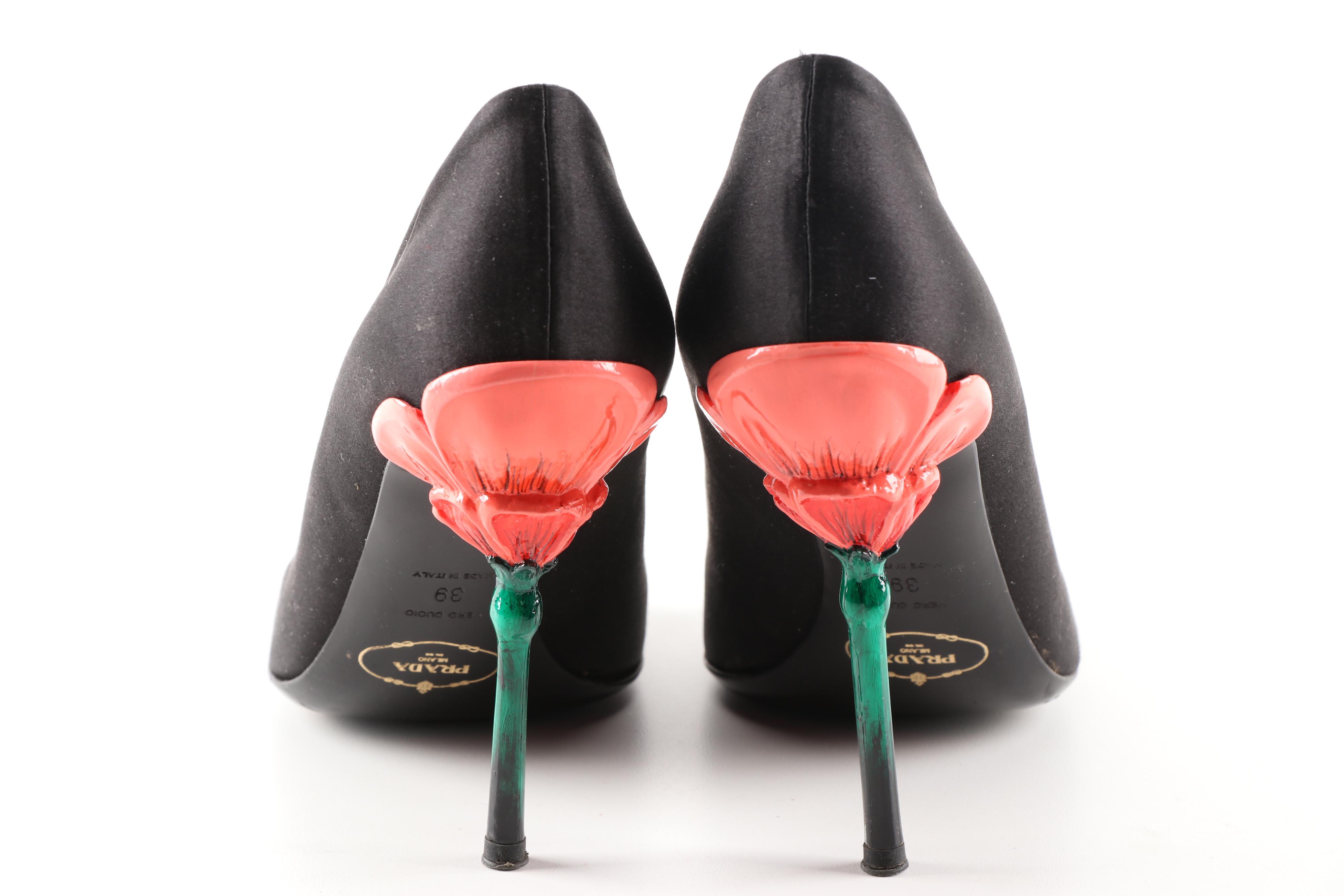 Prada Milano Black Satin Fairy Collection Open Toe Sculpted High-Heeled Pumps