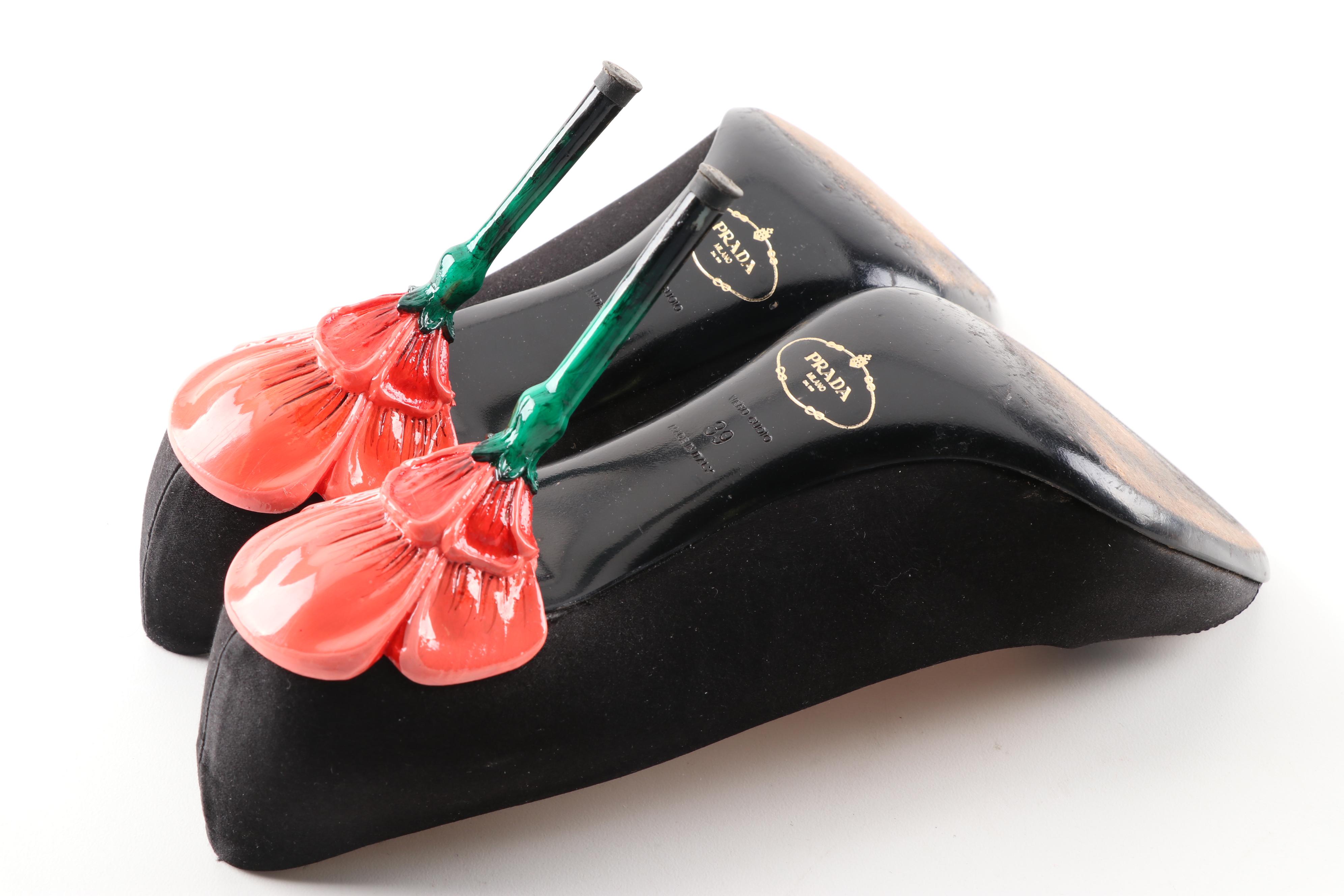 Prada Milano Black Satin Fairy Collection Open Toe Sculpted High-Heeled Pumps