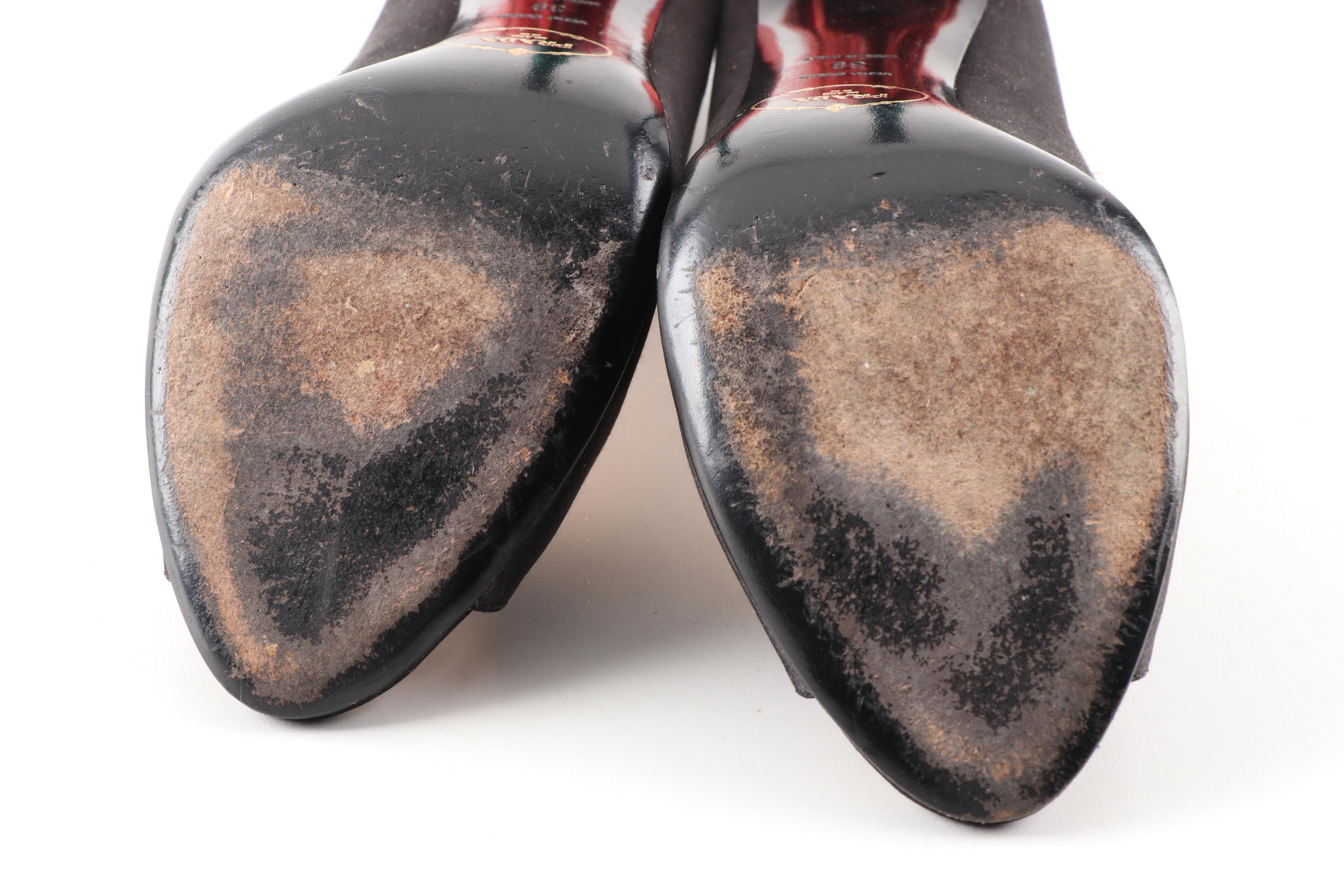 Prada Milano Black Satin Fairy Collection Open Toe Sculpted High-Heeled Pumps