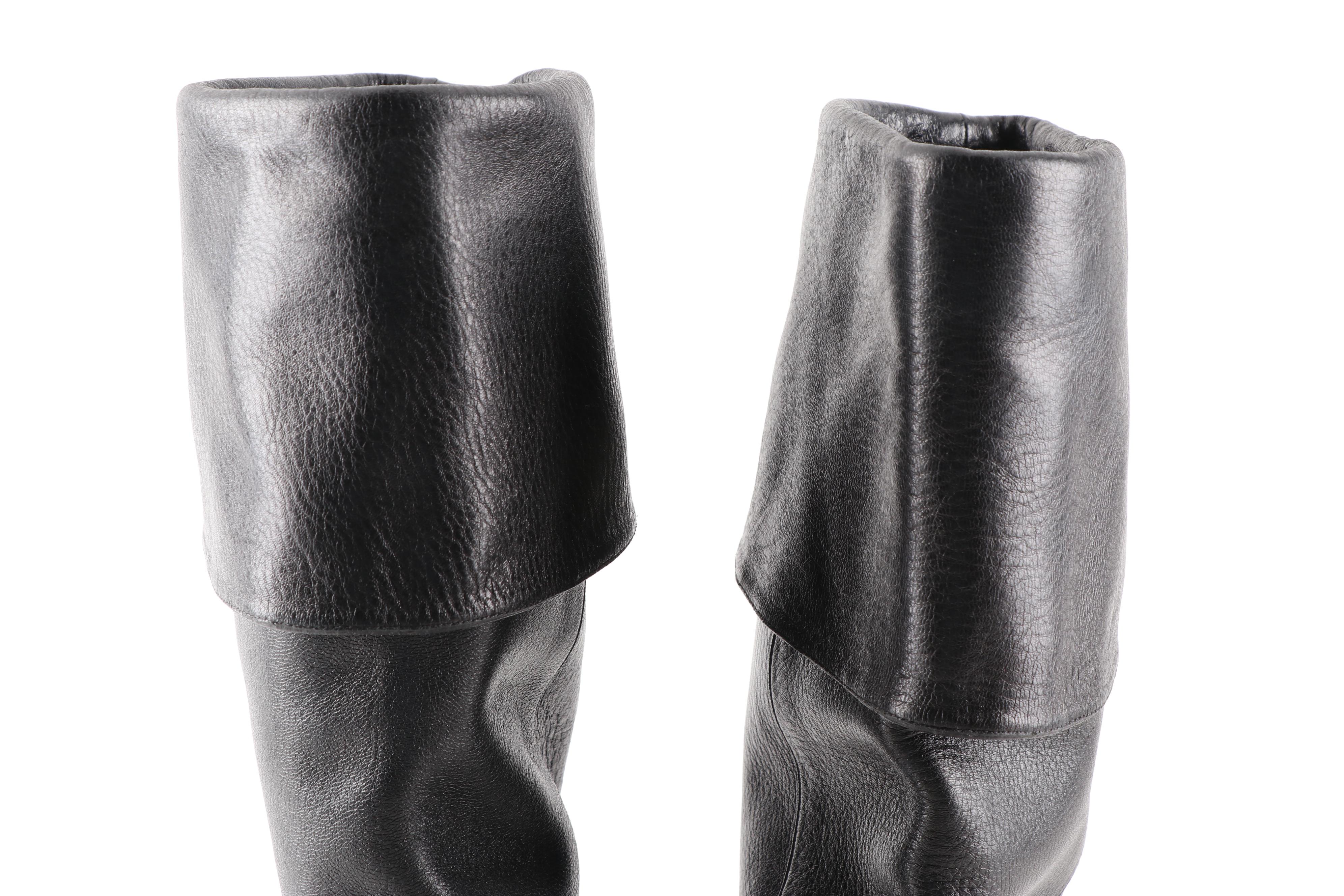 Prada Black Grained Leather Foldover Pirate Boots with Zipper Back