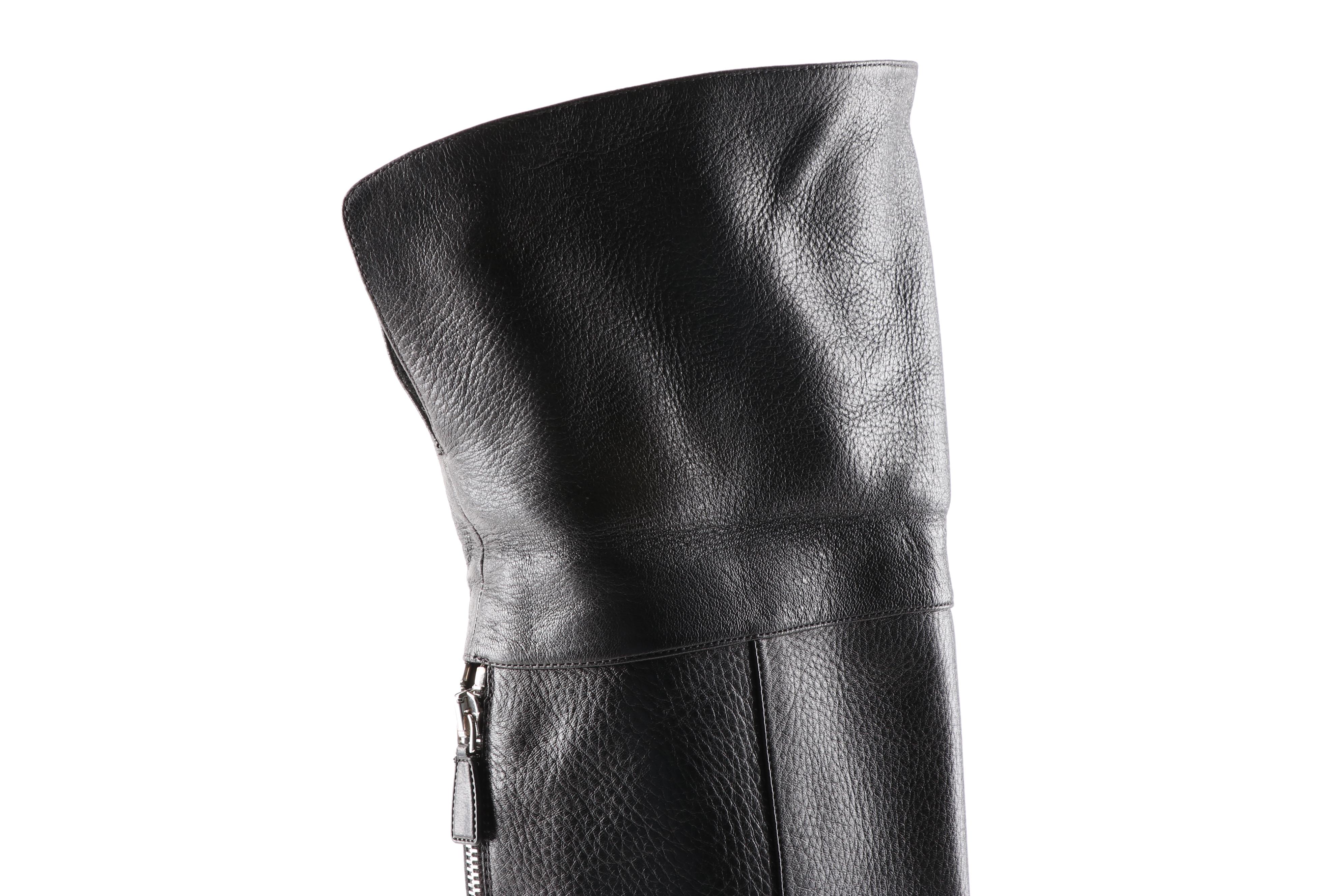 Prada Black Grained Leather Foldover Pirate Boots with Zipper Back