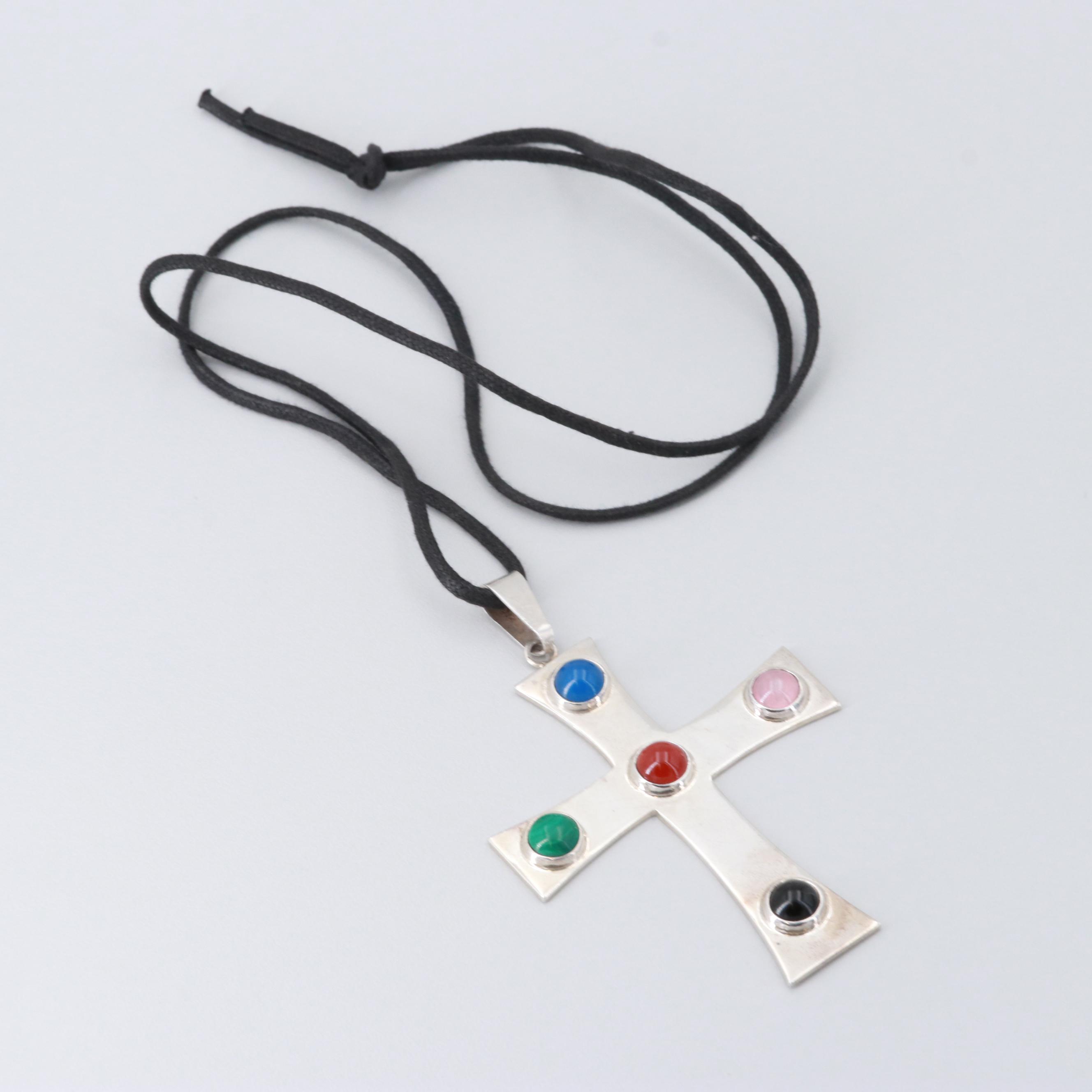 Mexican Sterling Malachite, Carnelian and Gemstone Cross Pendant on Cord