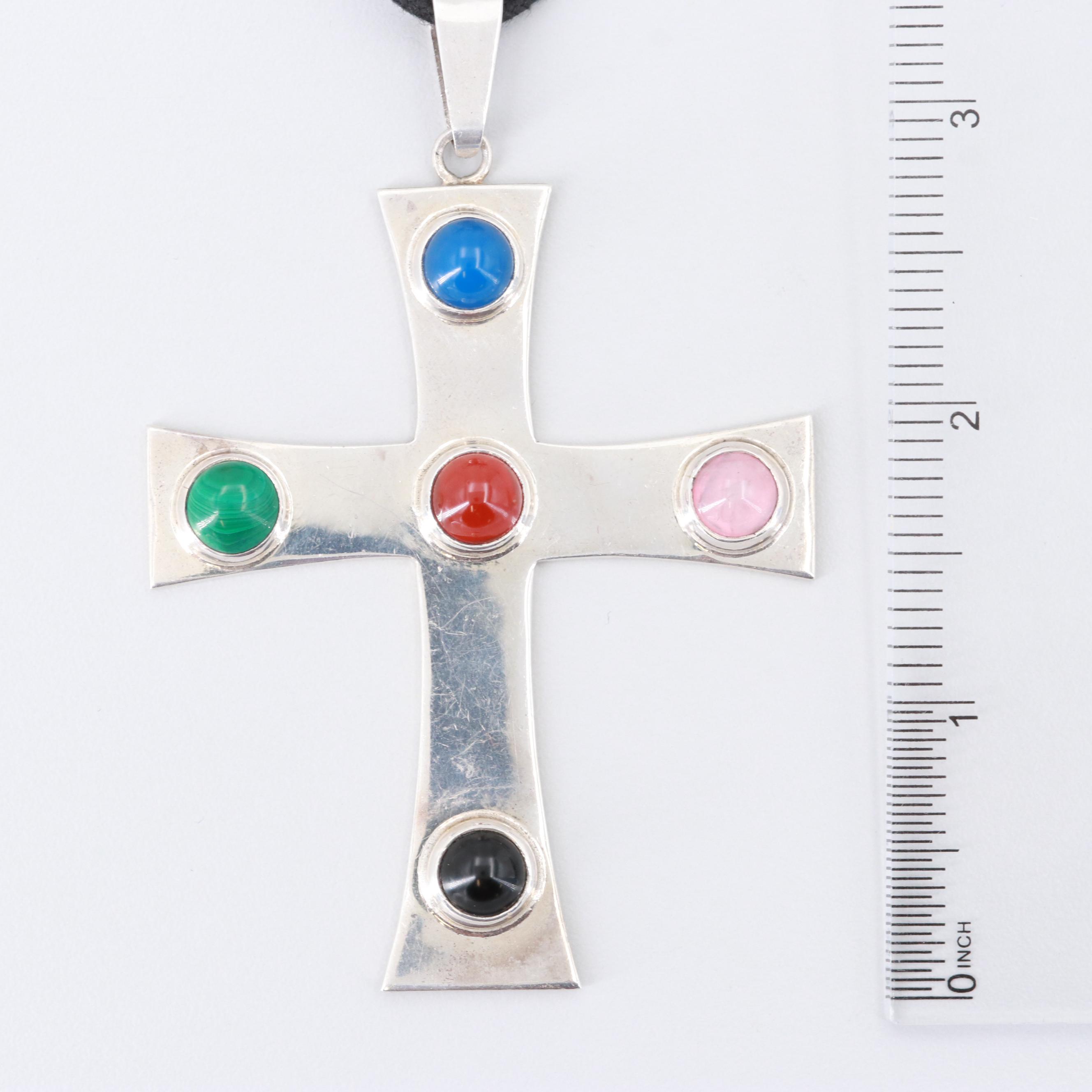 Mexican Sterling Malachite, Carnelian and Gemstone Cross Pendant on Cord