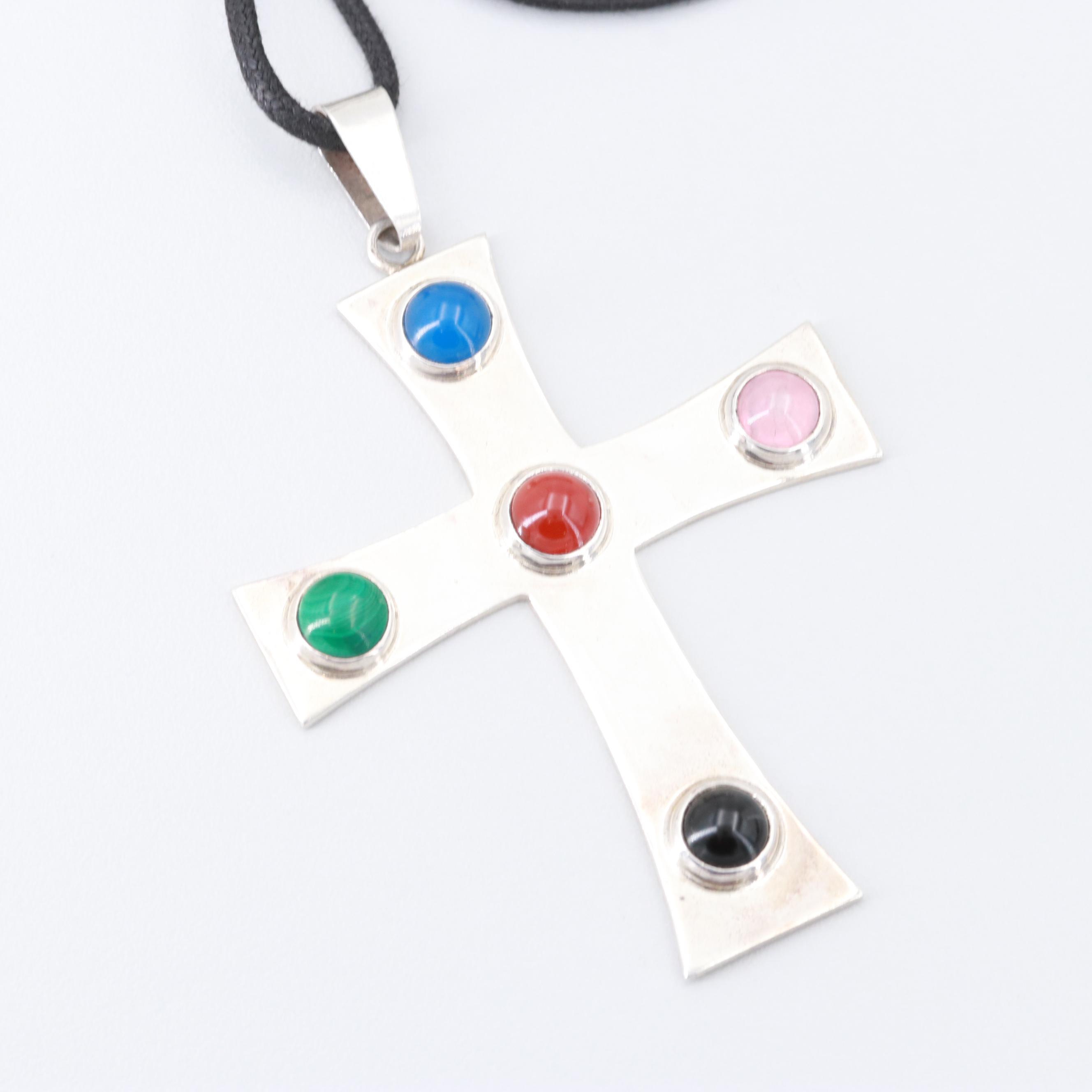 Mexican Sterling Malachite, Carnelian and Gemstone Cross Pendant on Cord