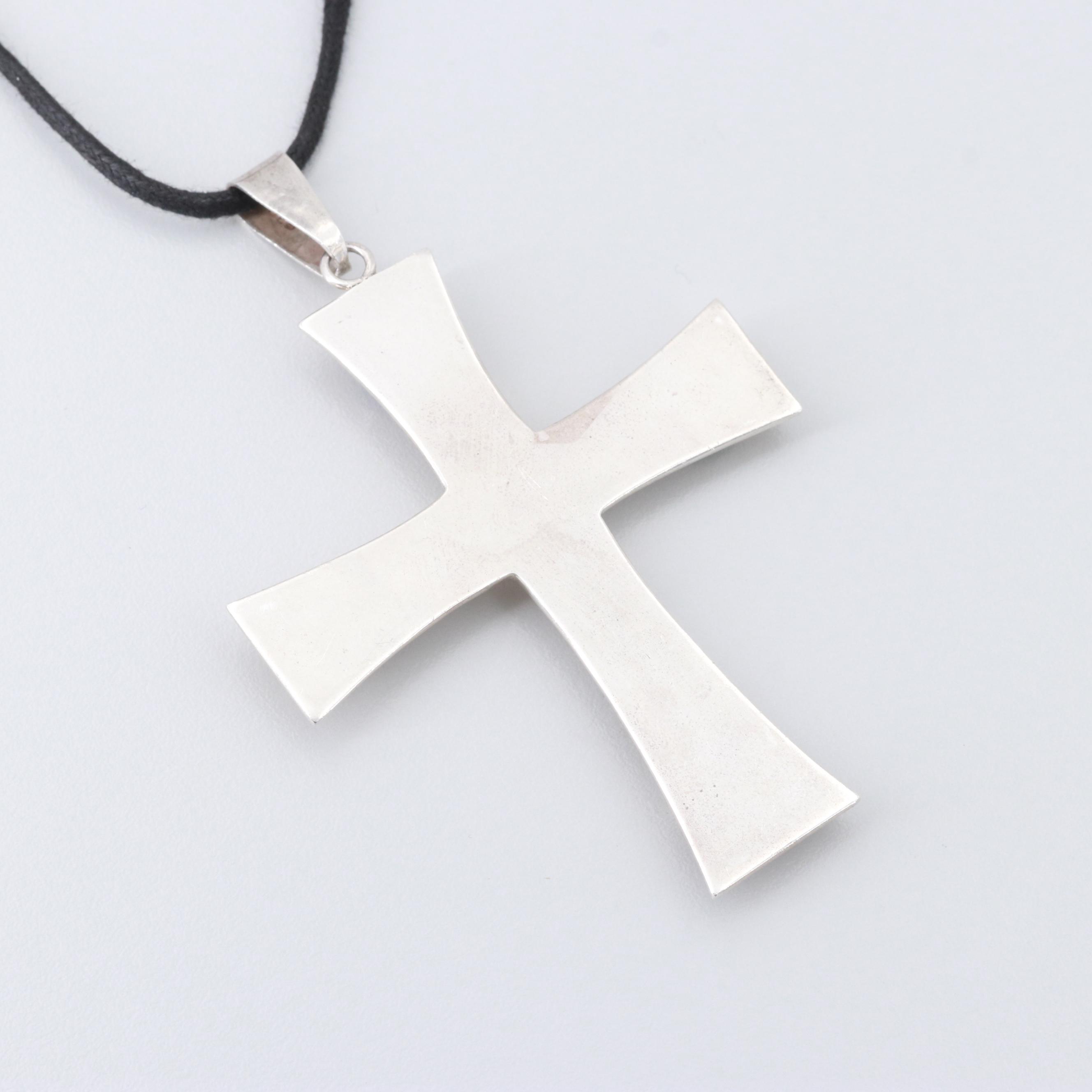 Mexican Sterling Malachite, Carnelian and Gemstone Cross Pendant on Cord