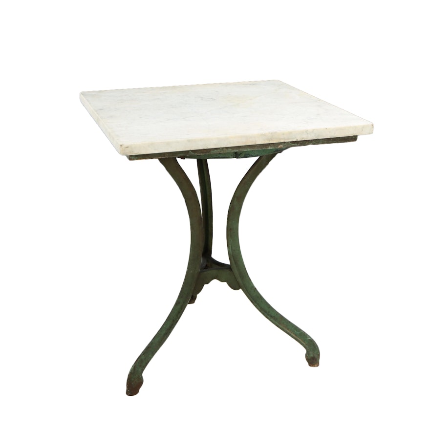 Green-Painted Iron and White Marble Garden Table, Late 19th/Early 20th Century