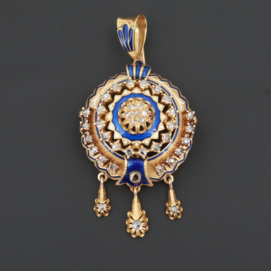 18K Yellow Gold Diamond Converter Brooch with Enameled Accents