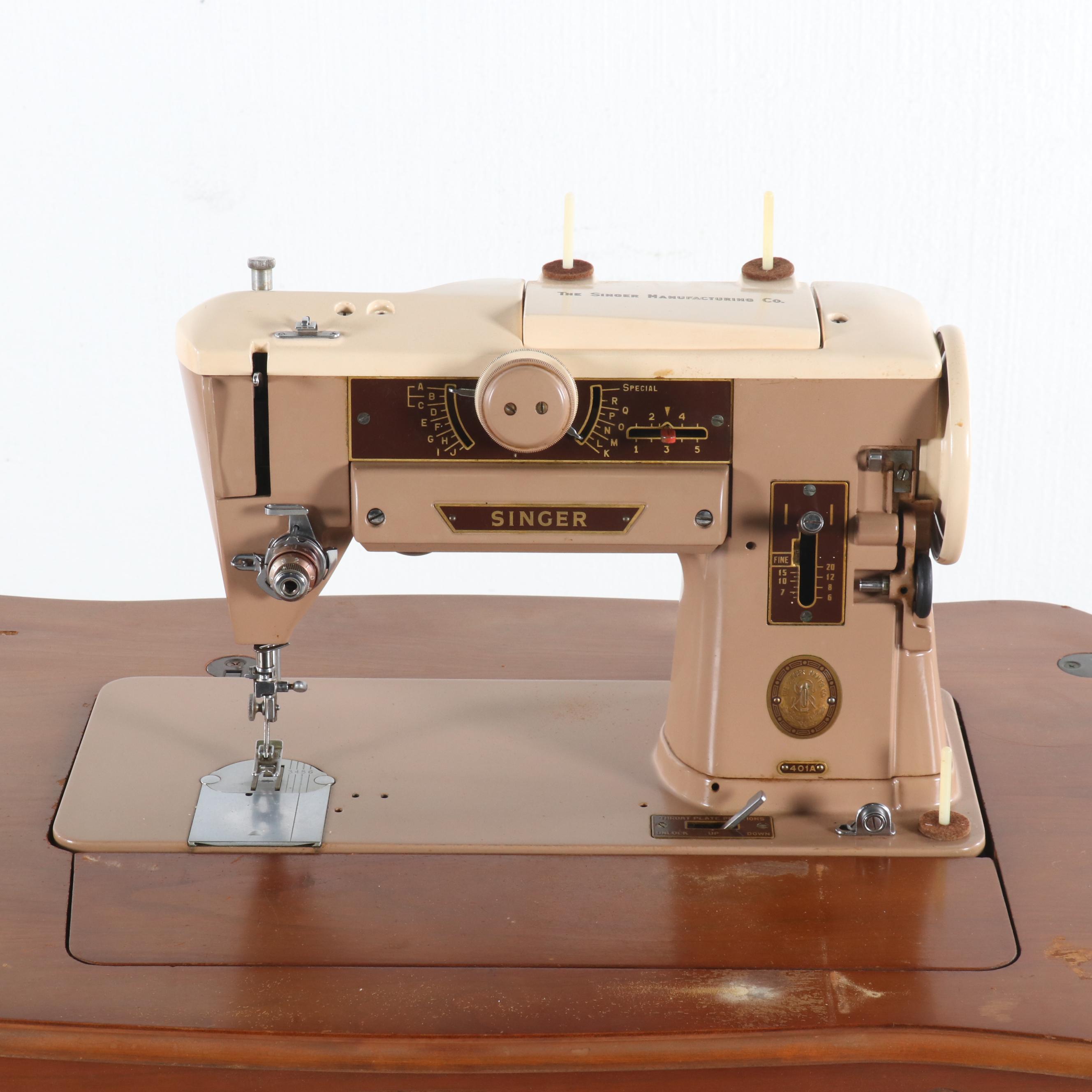 Singer 401A Sewing Machine in a Cherry French Provincial Style Cabinet, c. 1950s