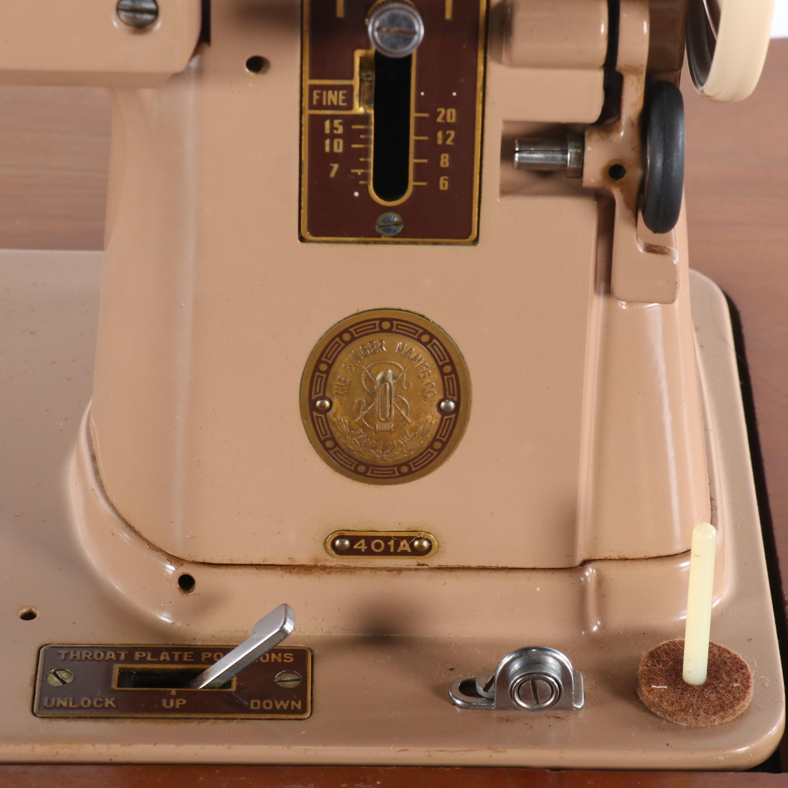 Singer 401A Sewing Machine in a Cherry French Provincial Style Cabinet, c. 1950s