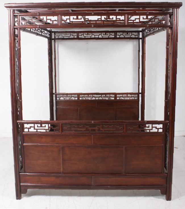 Chinese Wooden Queen Size Canopy Bed, Mid-Century