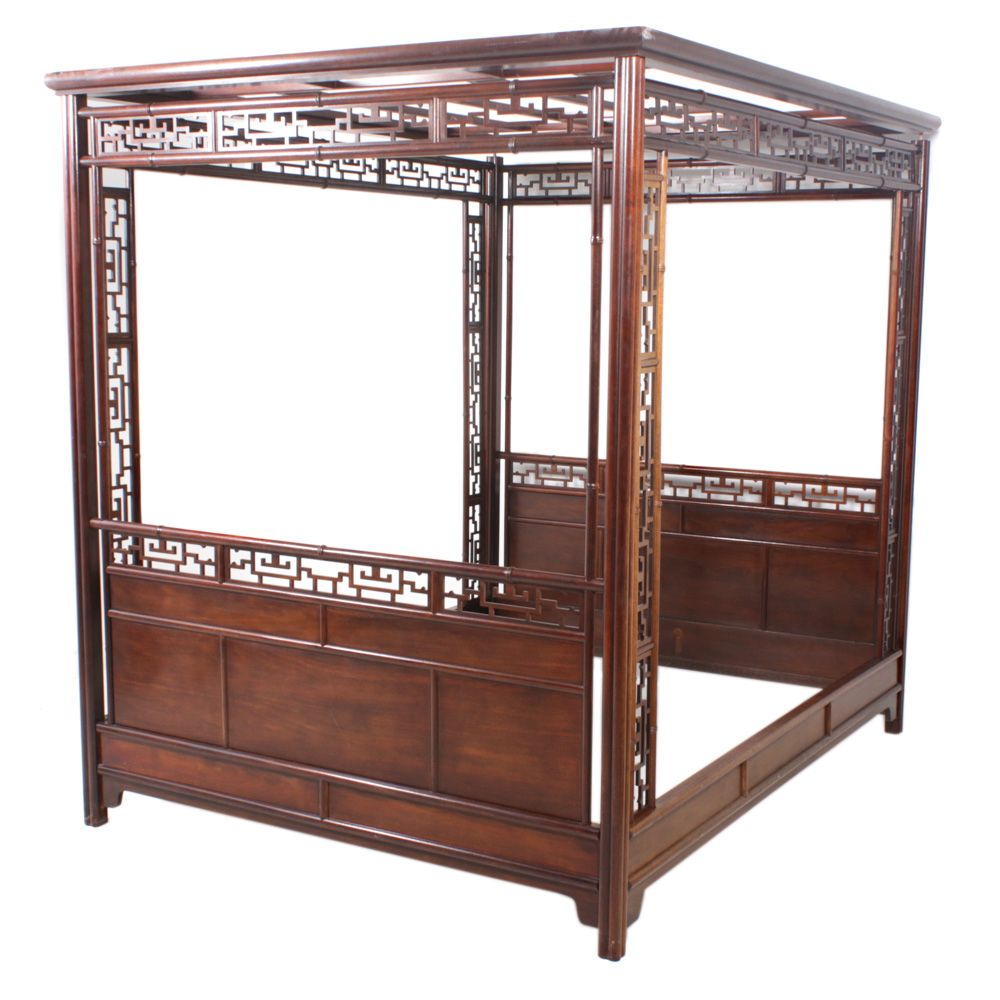 Chinese Wooden Queen Size Canopy Bed, Mid-Century
