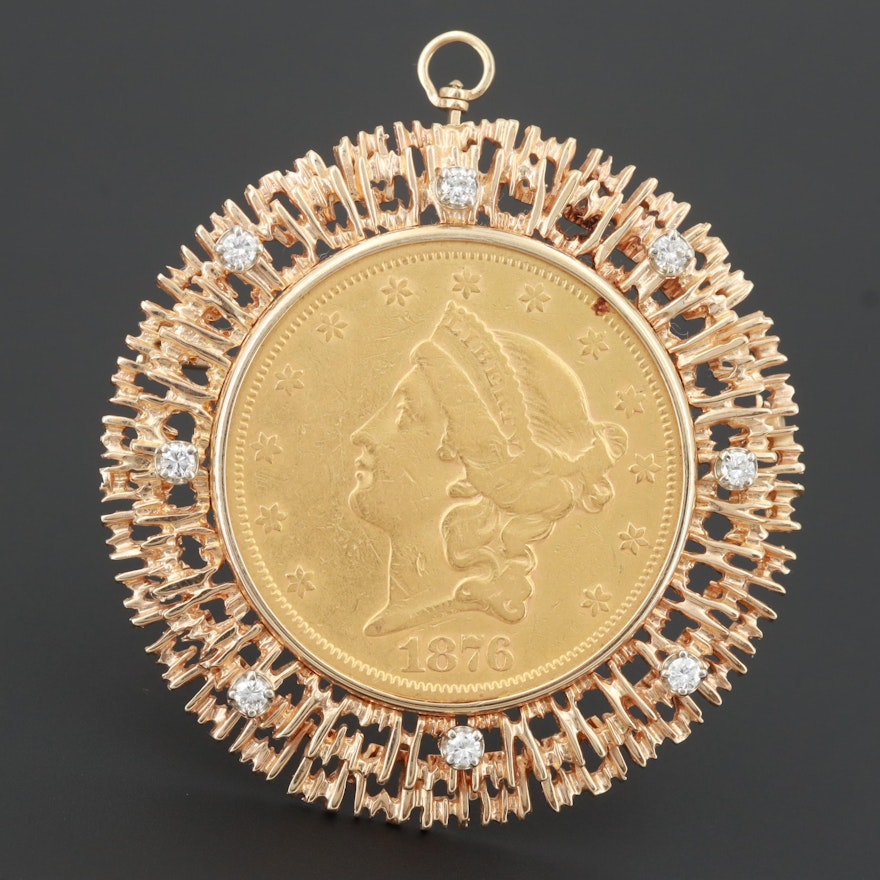 14K Diamond Converter Brooch with 1876 Liberty Head $20 Gold Double Eagle Coin