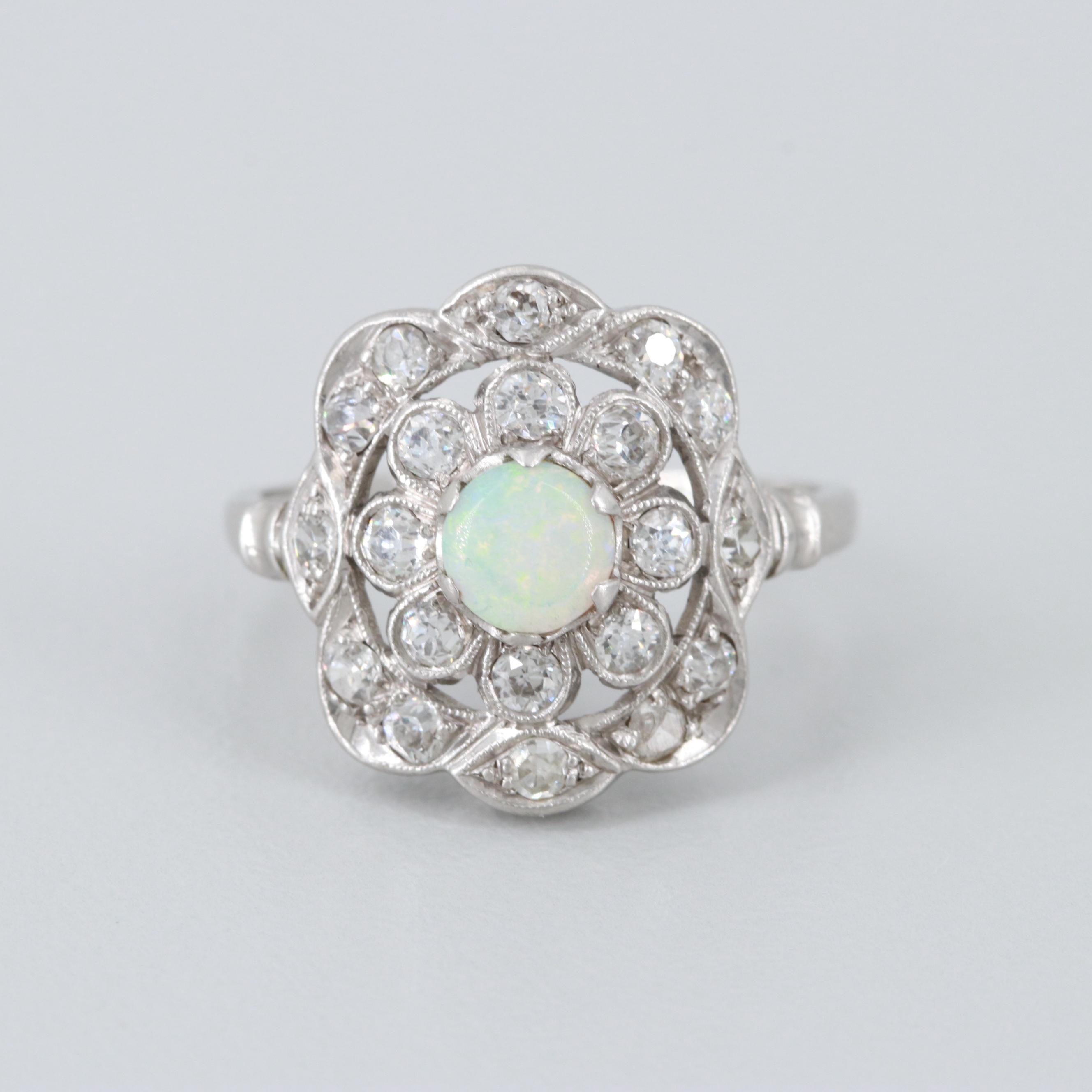 Vintage Platinum Opal and Diamond Ring