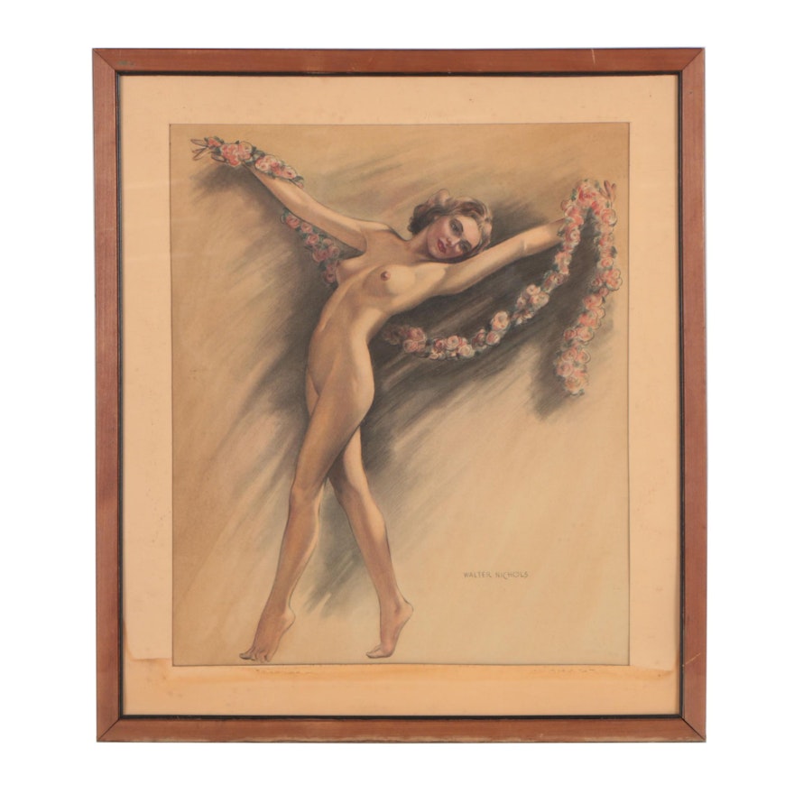 Walter Nichols Mid 20th Century Mixed Media Drawing of Nude Female Dancer