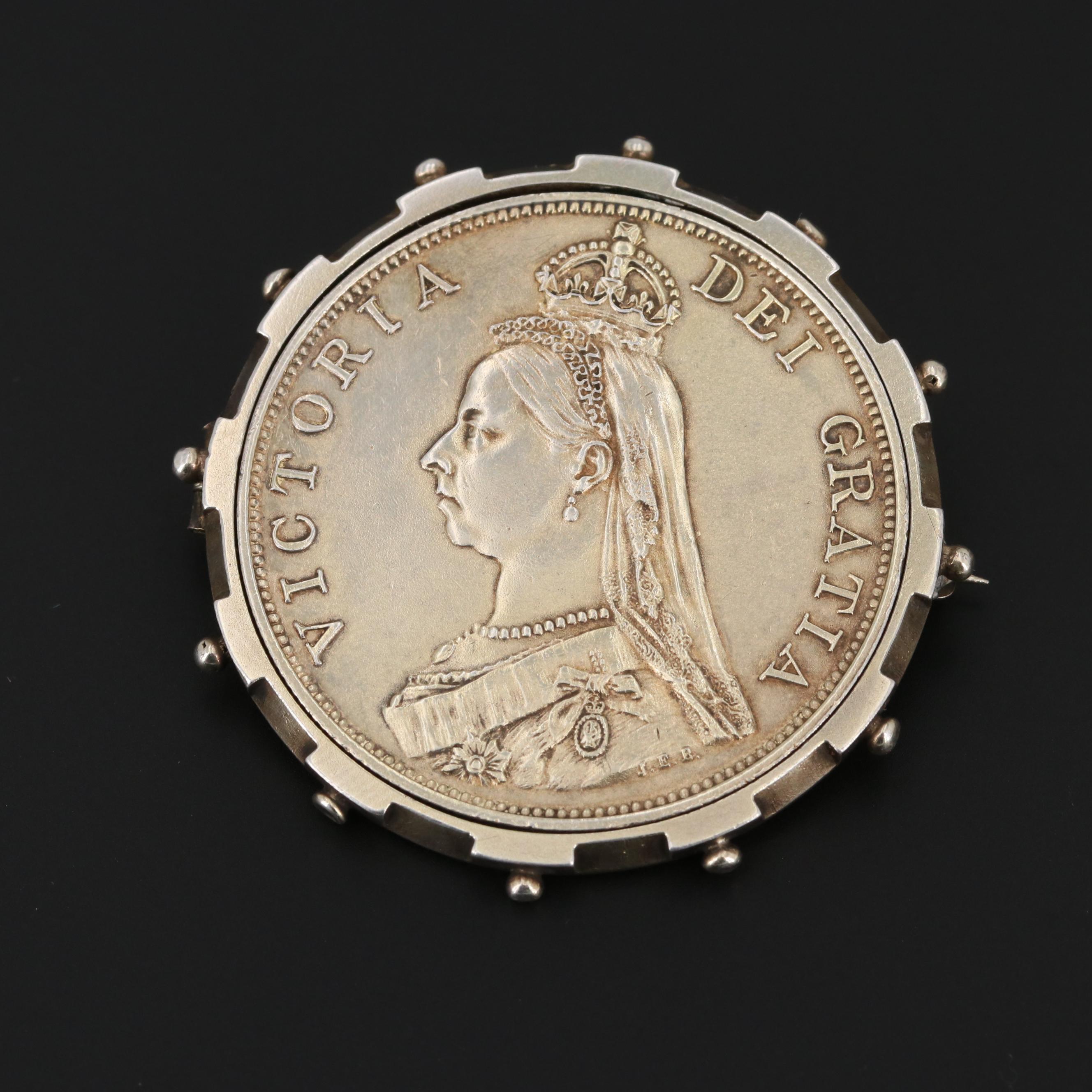 Sterling Silver 1888 UK Queen Victoria Double Florin in Silver Tone Coin Bezel