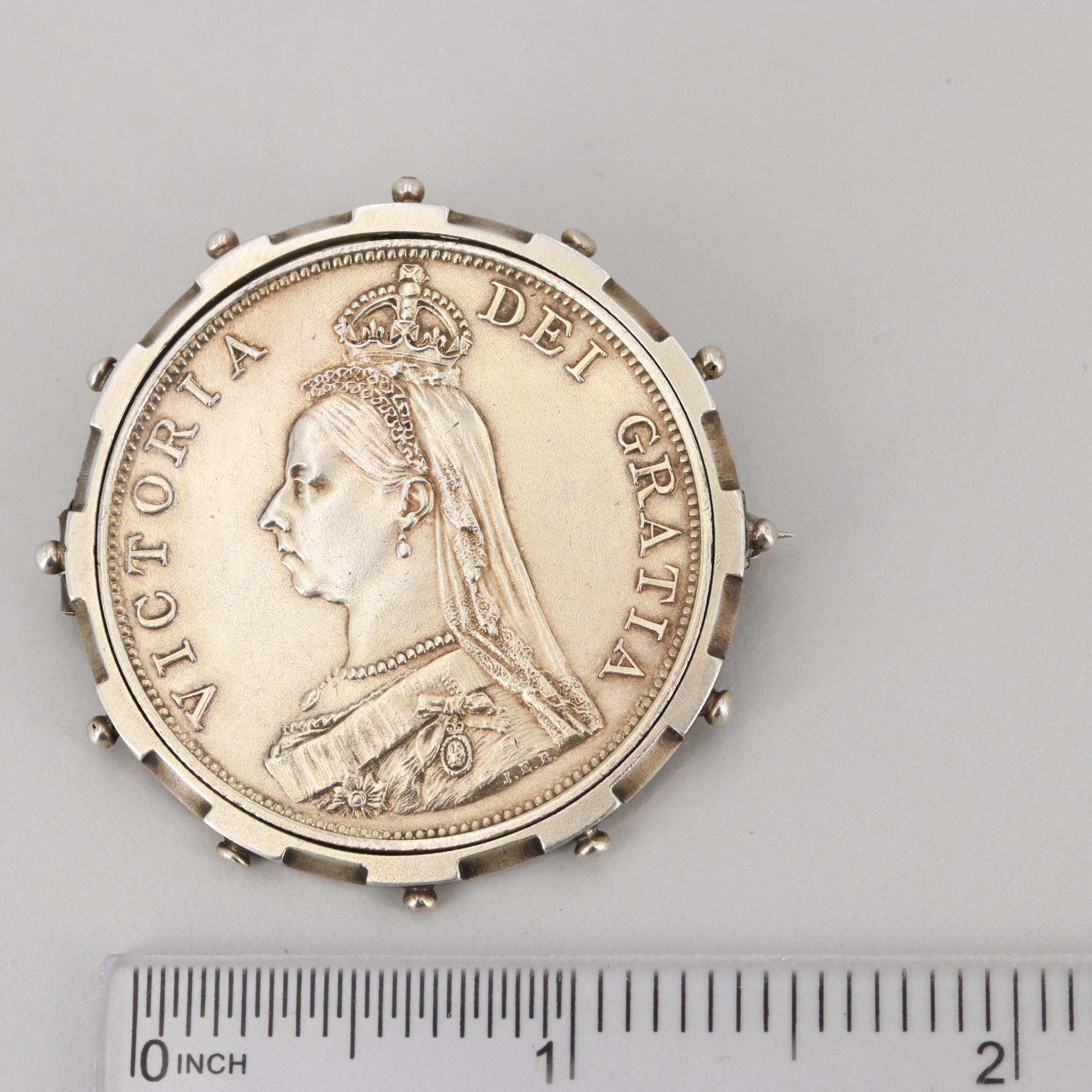 Sterling Silver 1888 UK Queen Victoria Double Florin in Silver Tone Coin Bezel