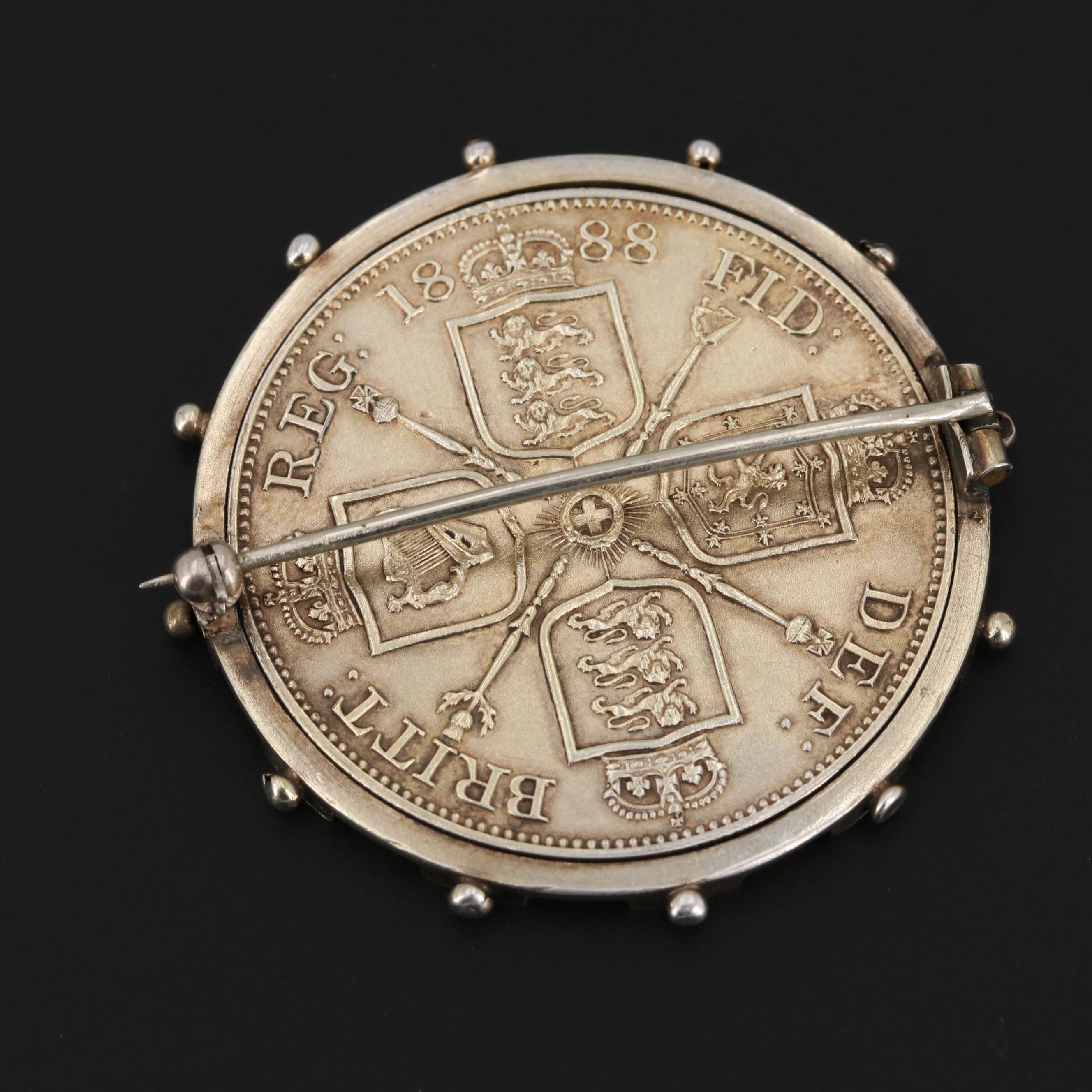 Sterling Silver 1888 UK Queen Victoria Double Florin in Silver Tone Coin Bezel