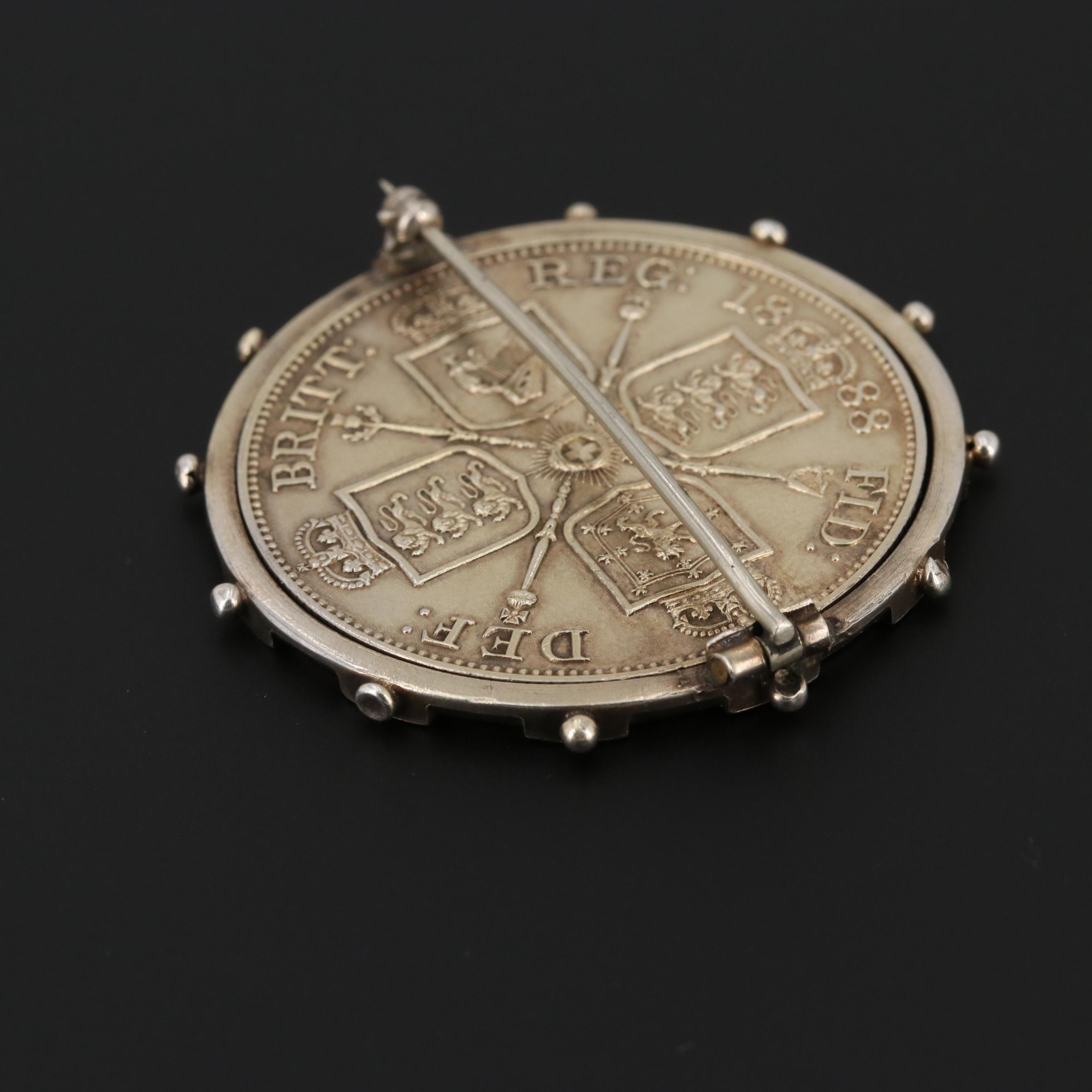 Sterling Silver 1888 UK Queen Victoria Double Florin in Silver Tone Coin Bezel