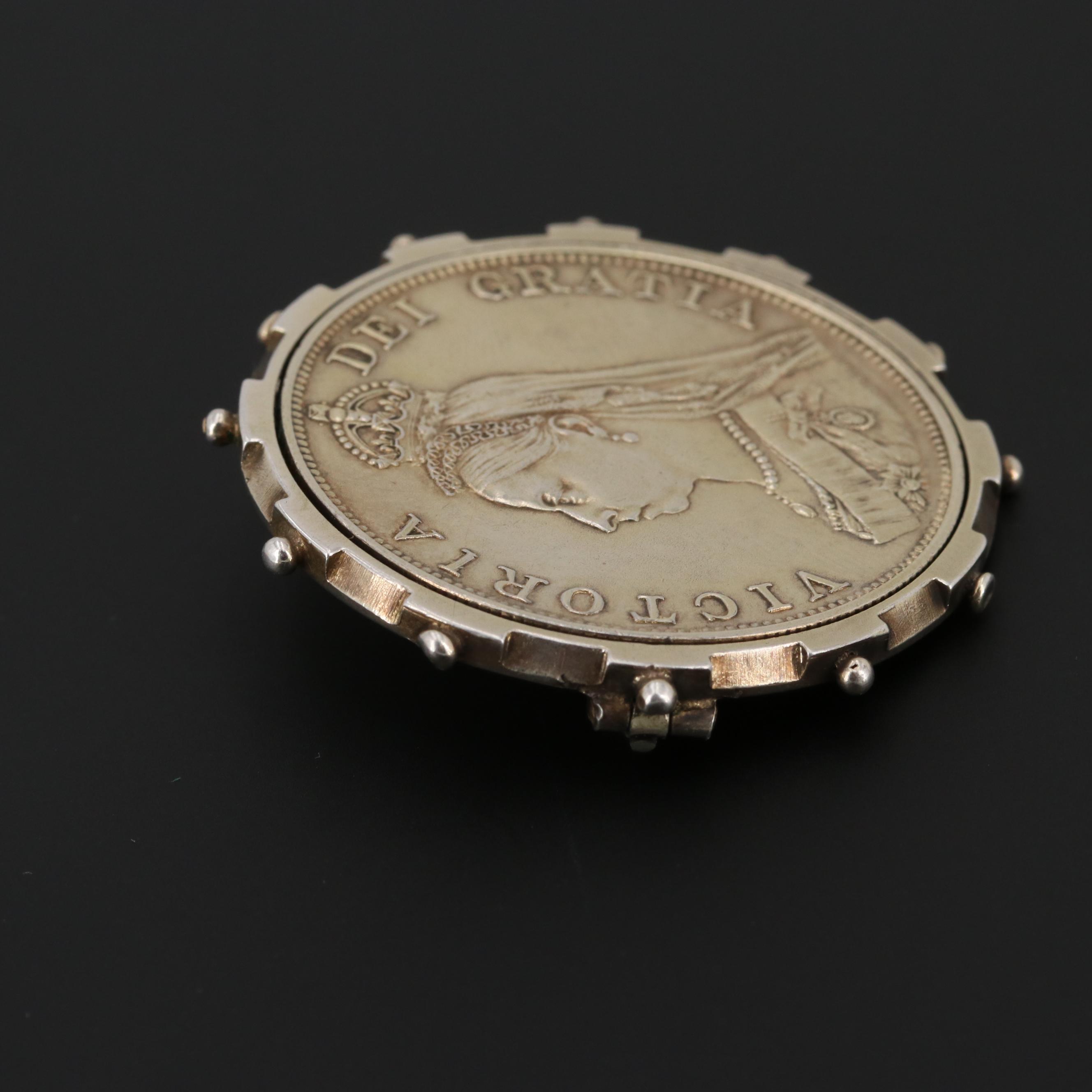 Sterling Silver 1888 UK Queen Victoria Double Florin in Silver Tone Coin Bezel