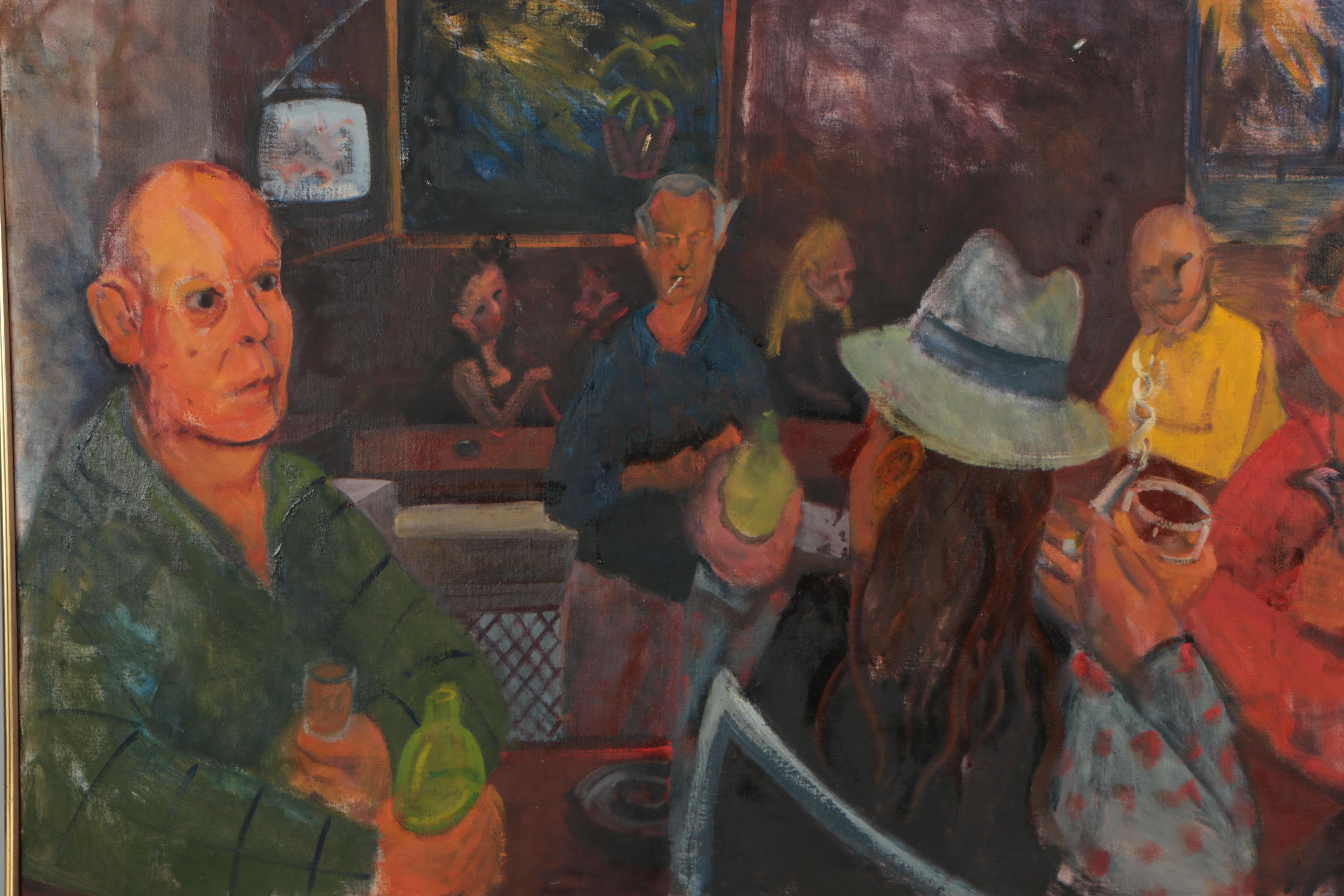 Late 20th Century Oil Painting of Cafe Genre Scene