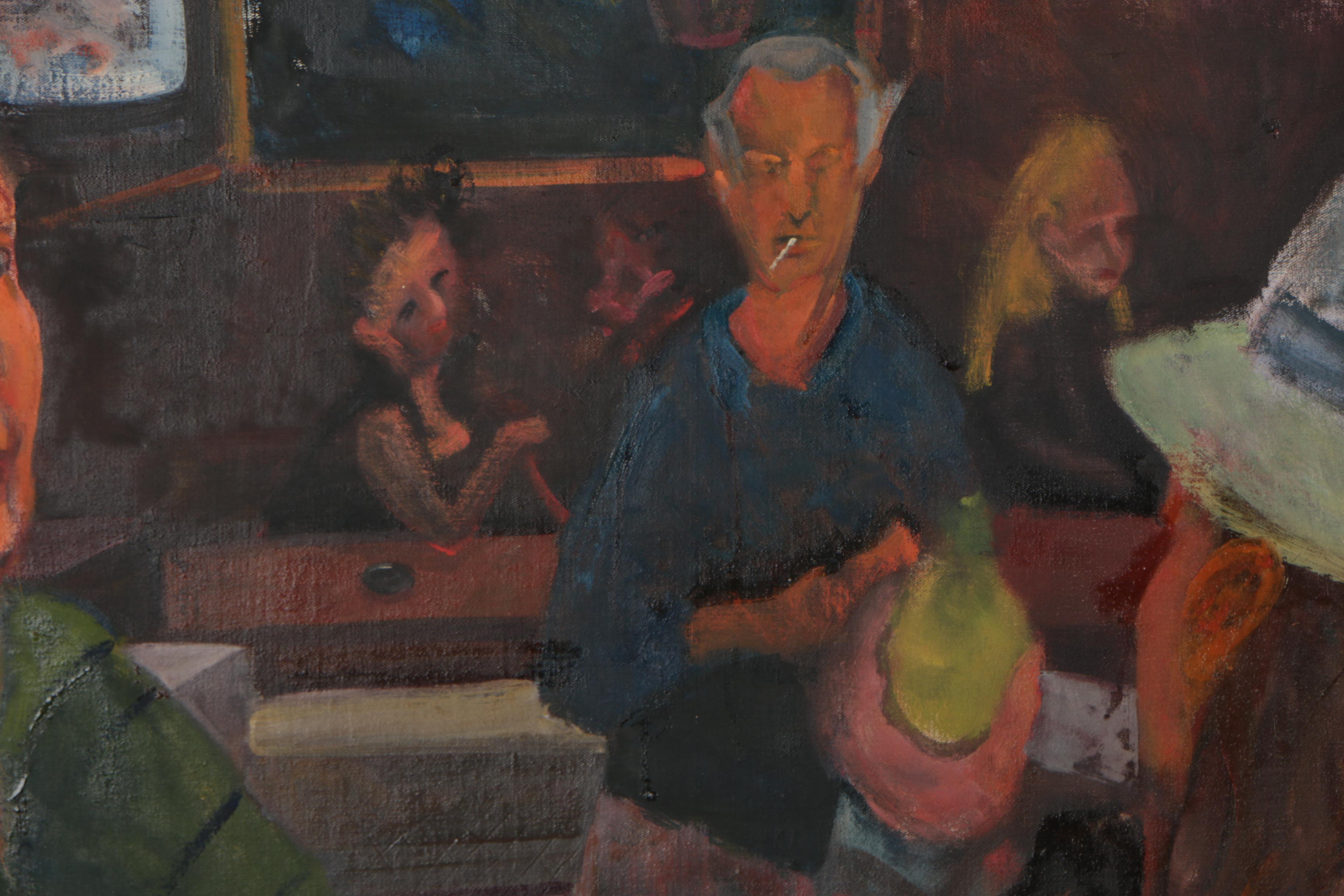 Late 20th Century Oil Painting of Cafe Genre Scene