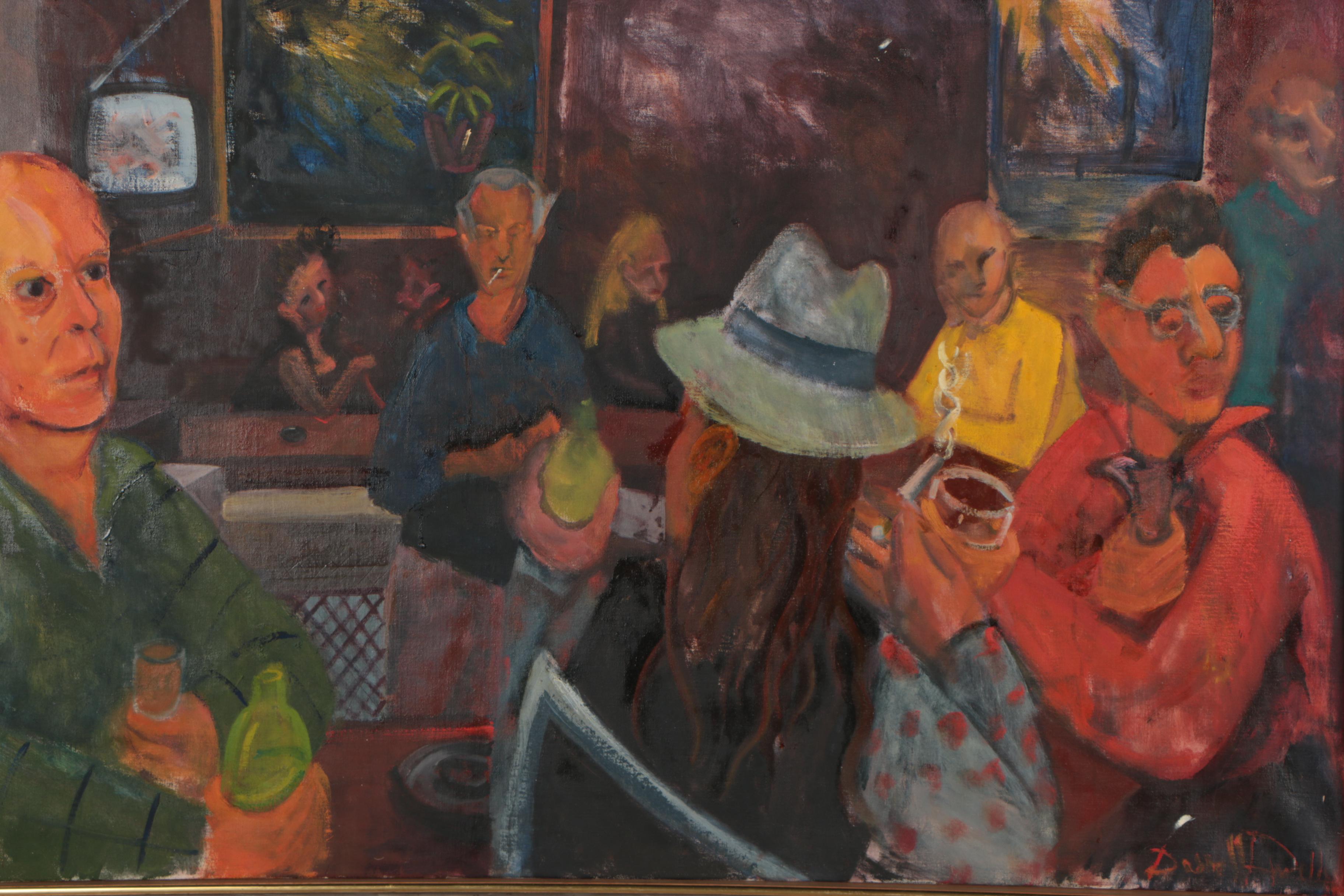 Late 20th Century Oil Painting of Cafe Genre Scene