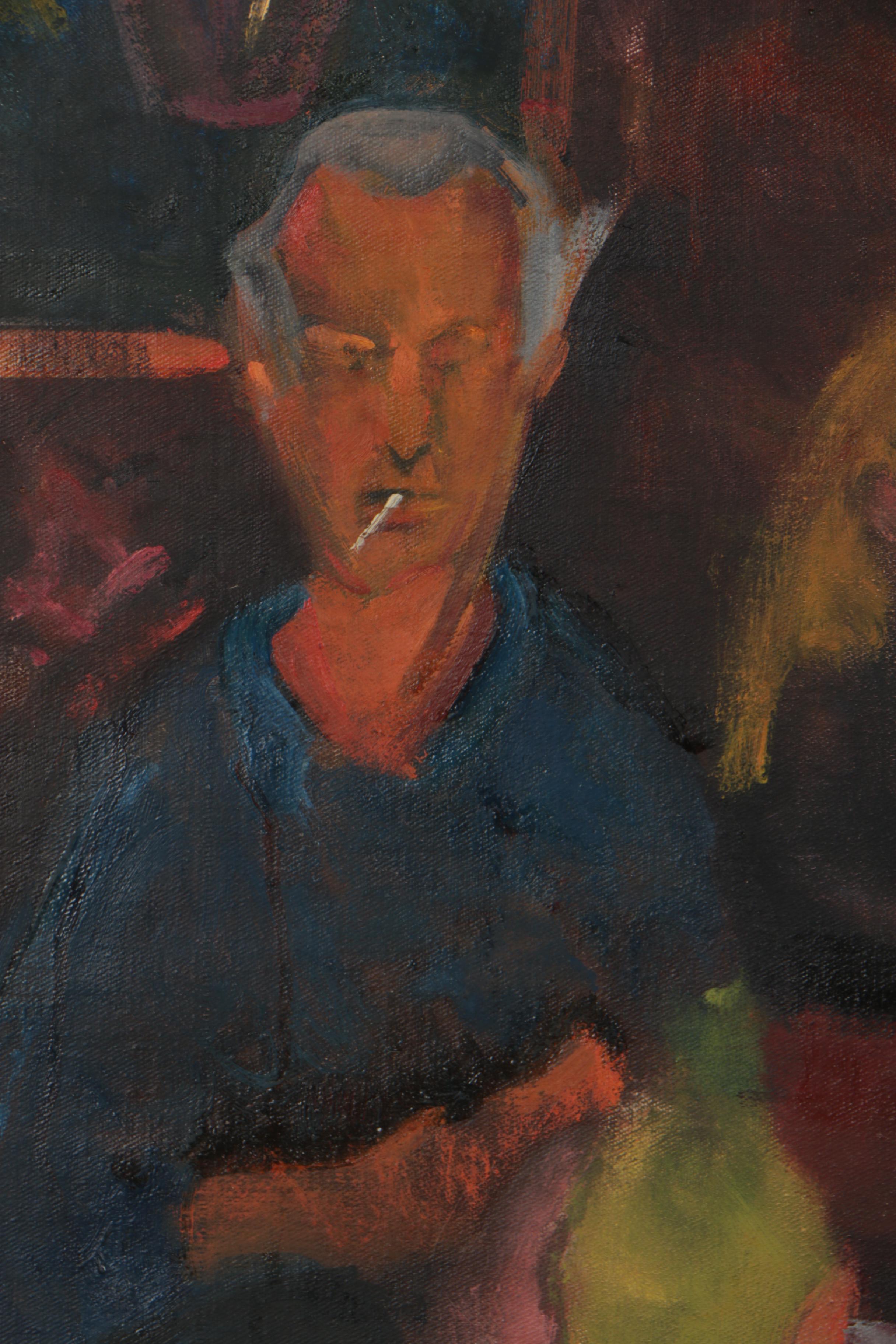 Late 20th Century Oil Painting of Cafe Genre Scene