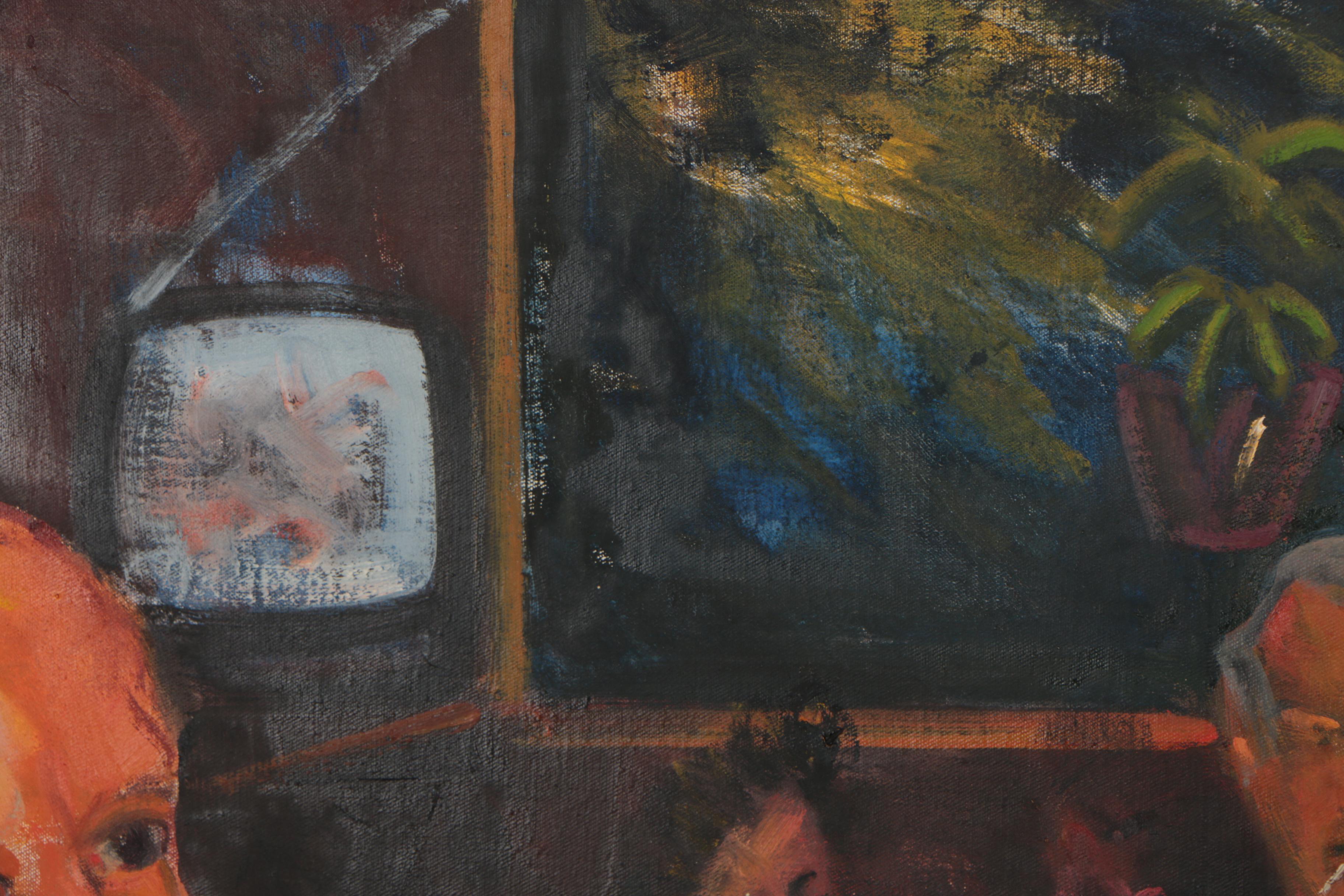 Late 20th Century Oil Painting of Cafe Genre Scene