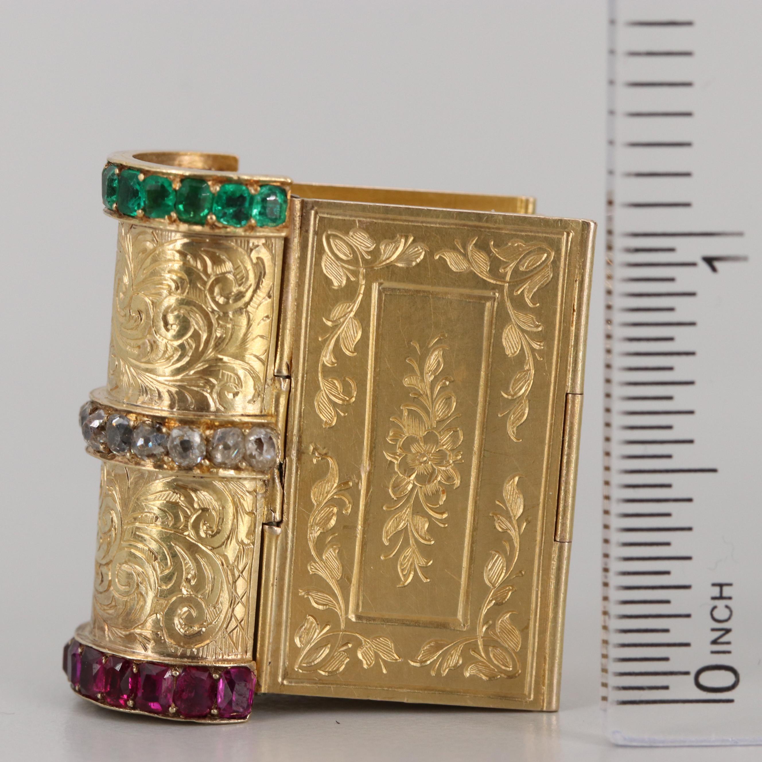 Victorian 18K Yellow Gold Diamond, Ruby, Emerald "Souvenir" Book Themed Bracelet