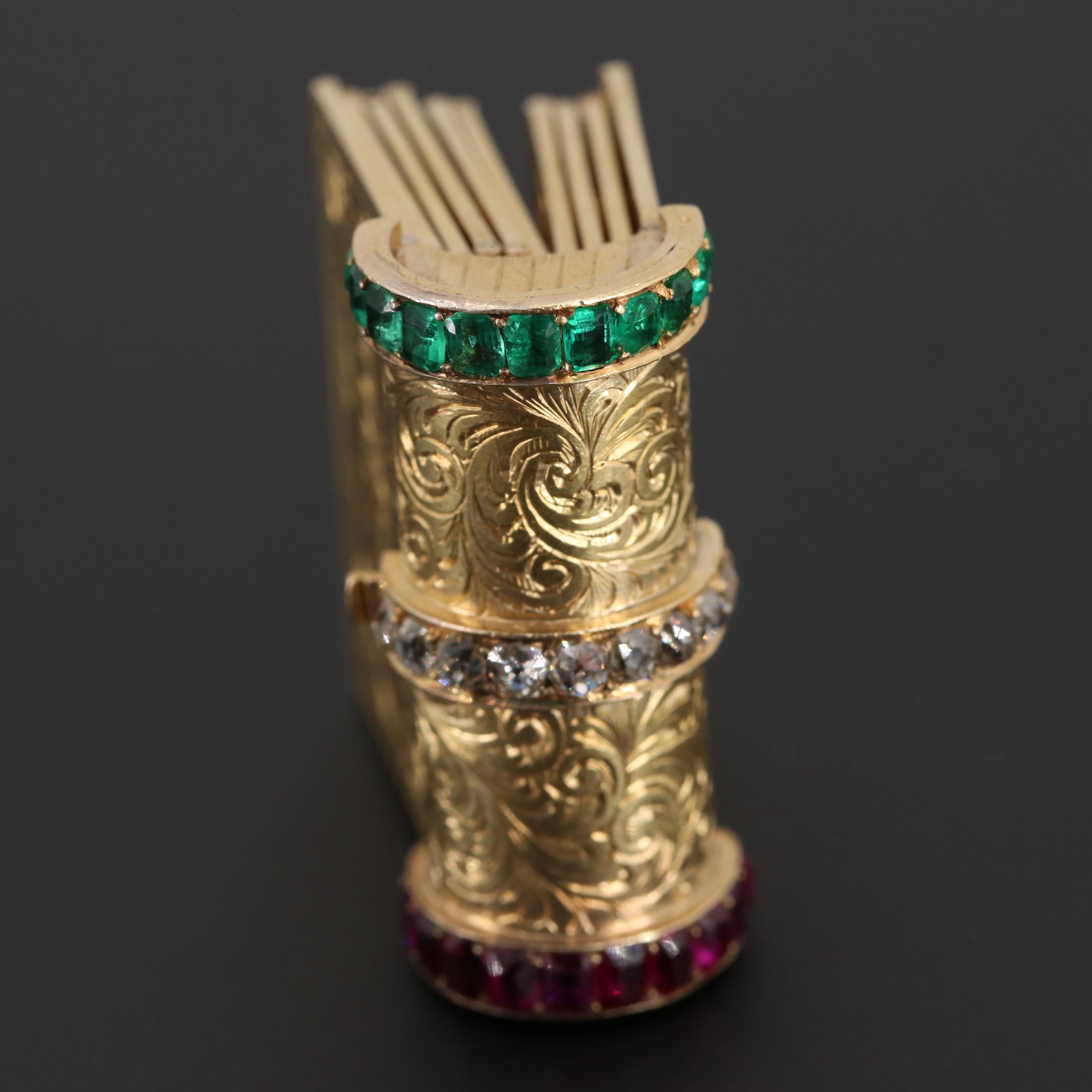 Victorian 18K Yellow Gold Diamond, Ruby, Emerald "Souvenir" Book Themed Bracelet