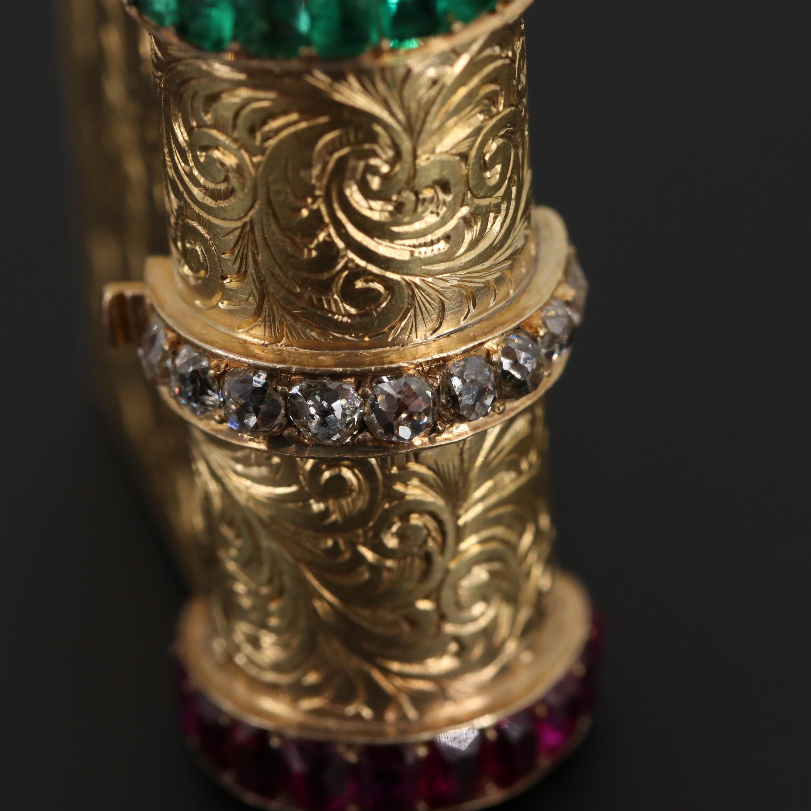 Victorian 18K Yellow Gold Diamond, Ruby, Emerald "Souvenir" Book Themed Bracelet