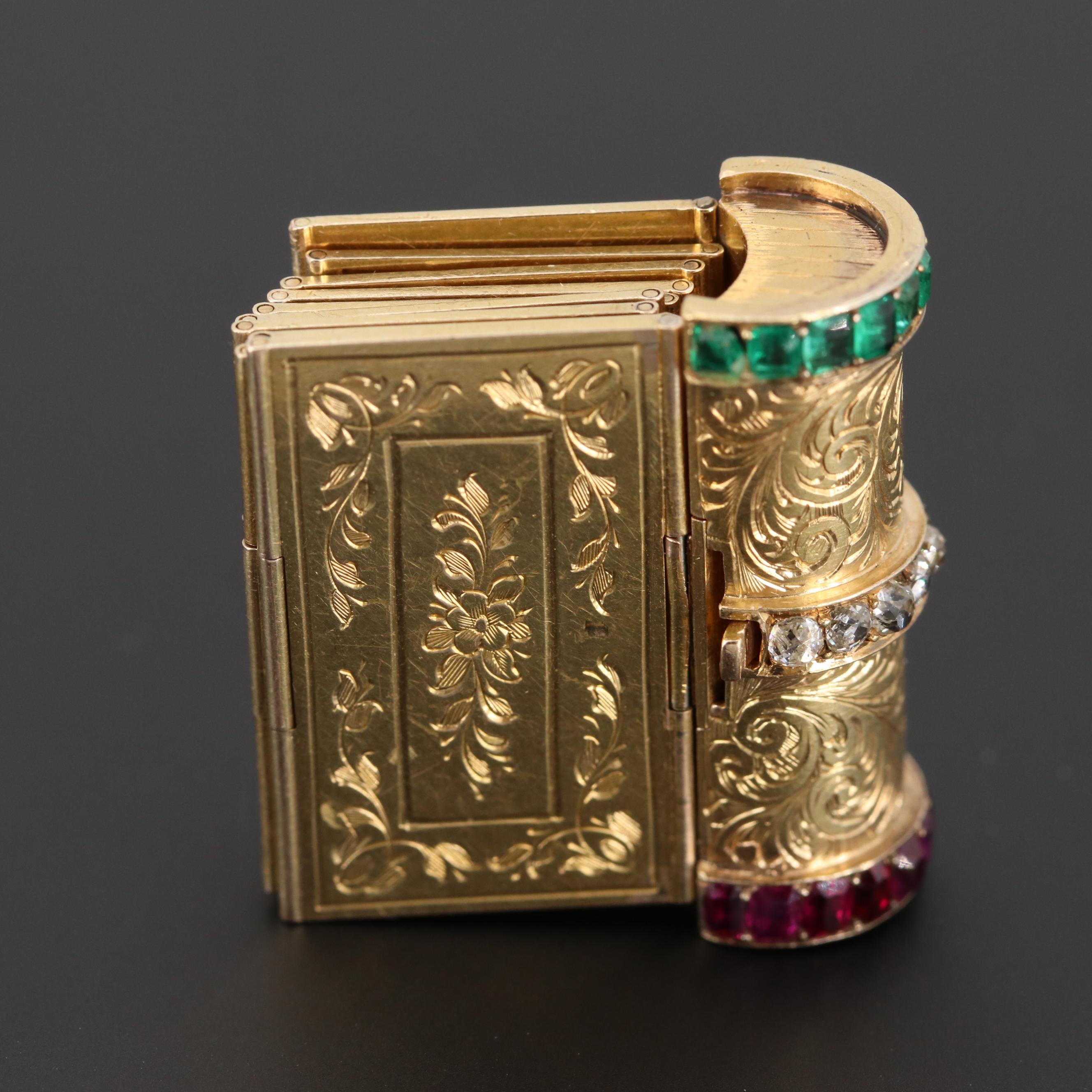 Victorian 18K Yellow Gold Diamond, Ruby, Emerald "Souvenir" Book Themed Bracelet