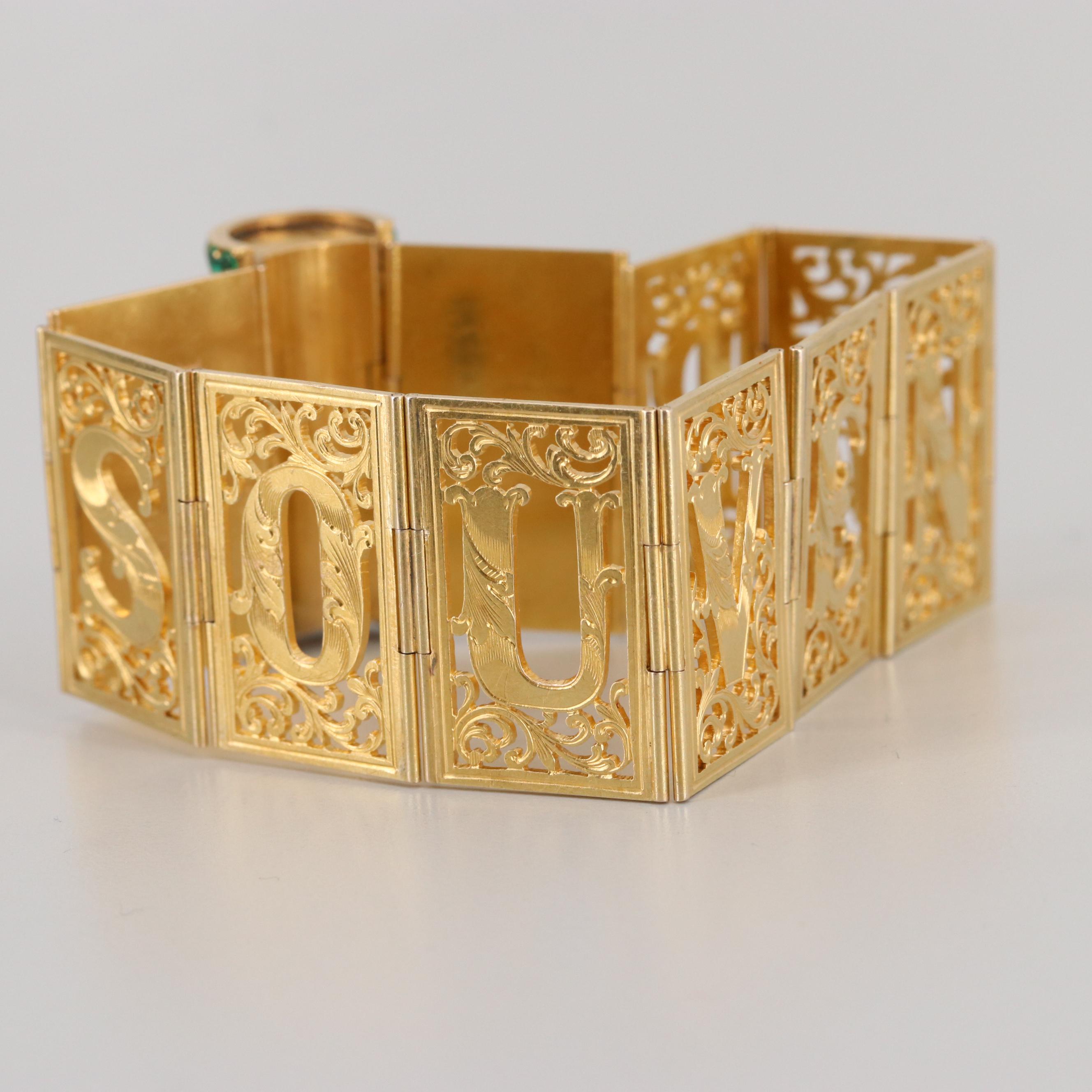 Victorian 18K Yellow Gold Diamond, Ruby, Emerald "Souvenir" Book Themed Bracelet