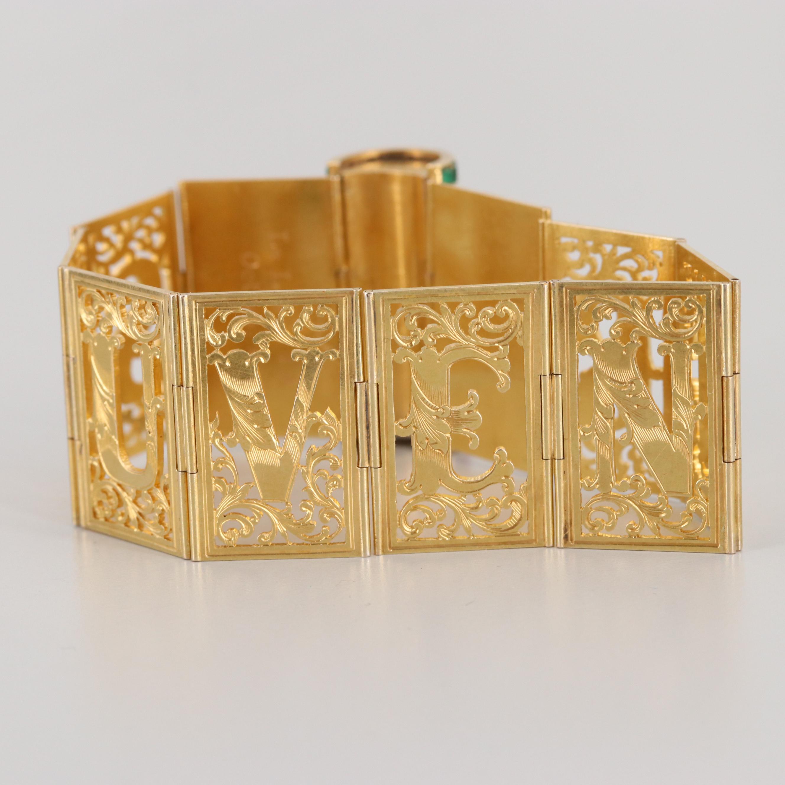 Victorian 18K Yellow Gold Diamond, Ruby, Emerald "Souvenir" Book Themed Bracelet