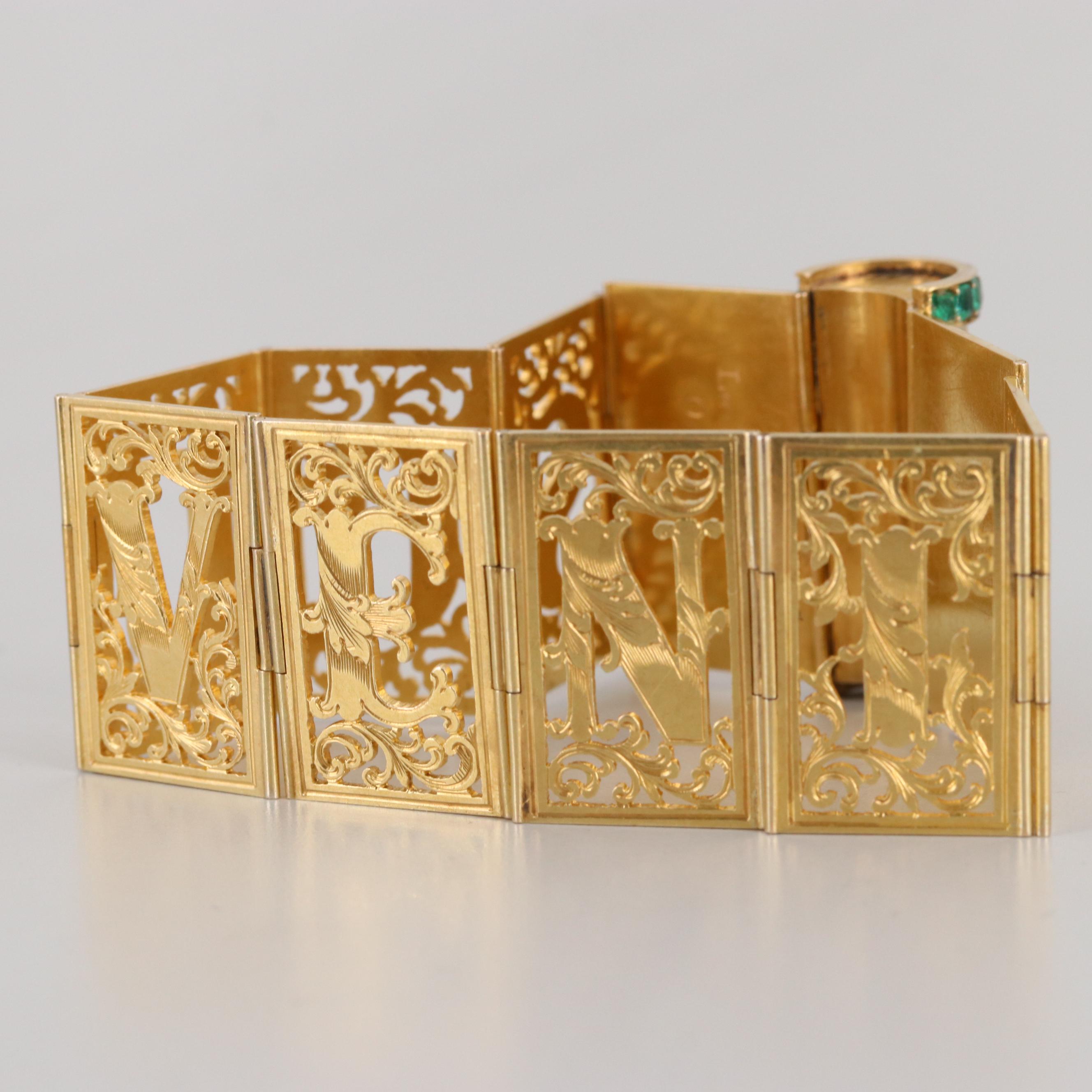 Victorian 18K Yellow Gold Diamond, Ruby, Emerald "Souvenir" Book Themed Bracelet