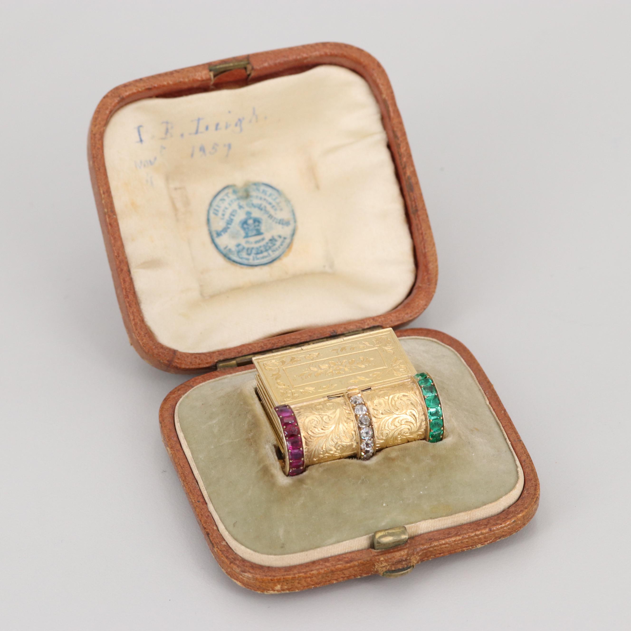 Victorian 18K Yellow Gold Diamond, Ruby, Emerald "Souvenir" Book Themed Bracelet