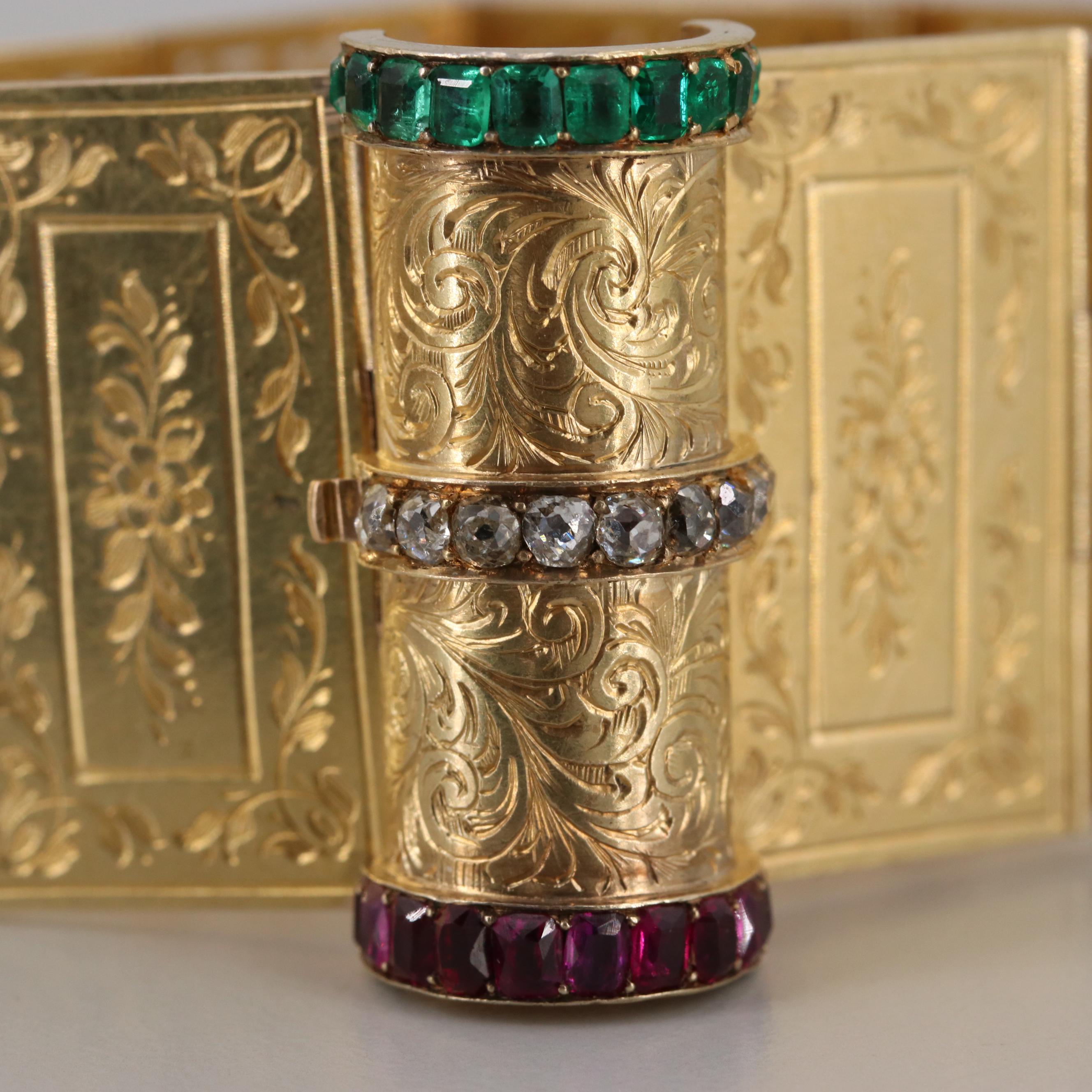 Victorian 18K Yellow Gold Diamond, Ruby, Emerald "Souvenir" Book Themed Bracelet