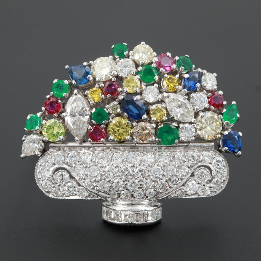 Platinum 5.50 CTW Diamond, Emerald, Ruby, and Blue Sapphire Giardinetto Brooch