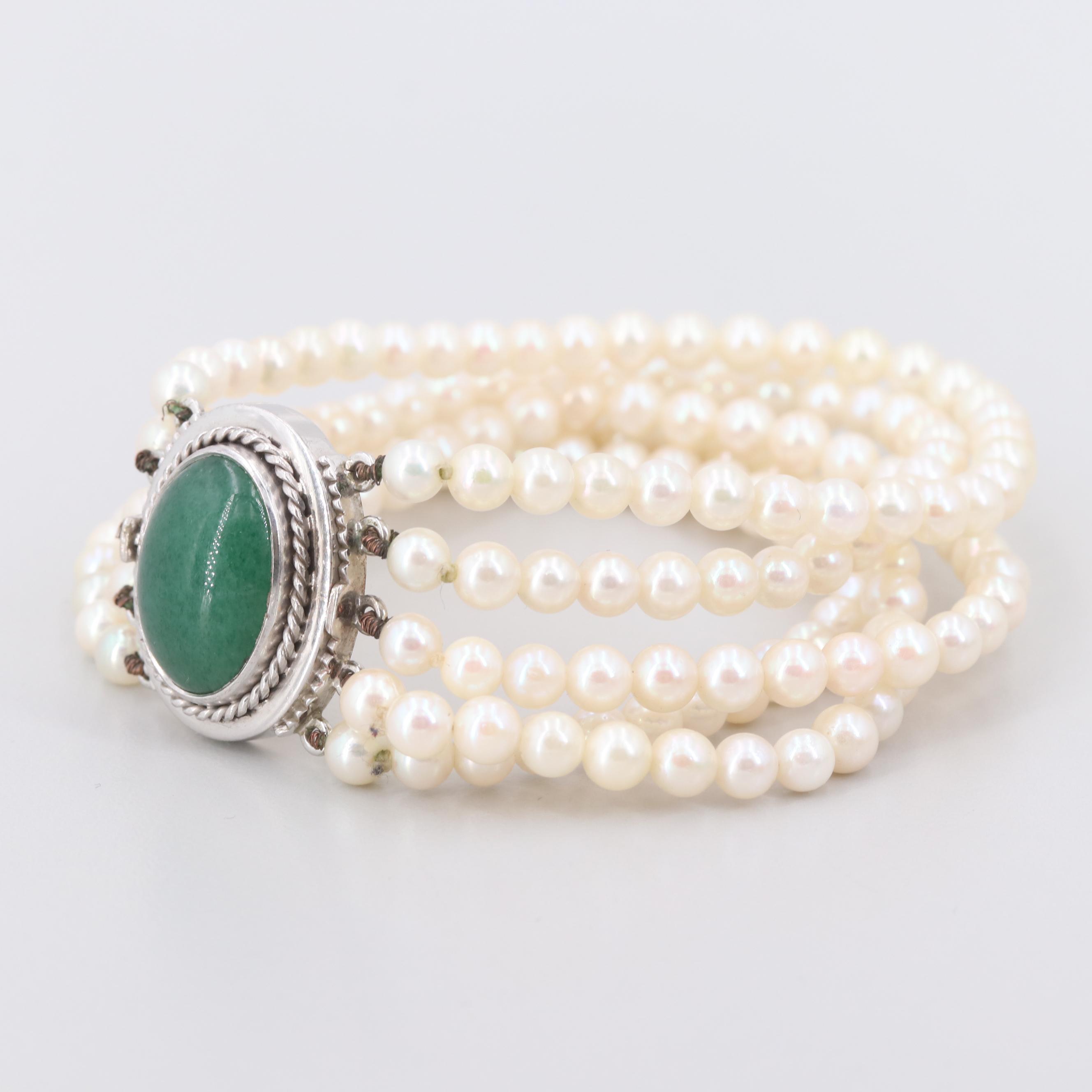 Multi-Strand Cultured Pearl Bracelet with 14K White Gold Aventurine Clasp
