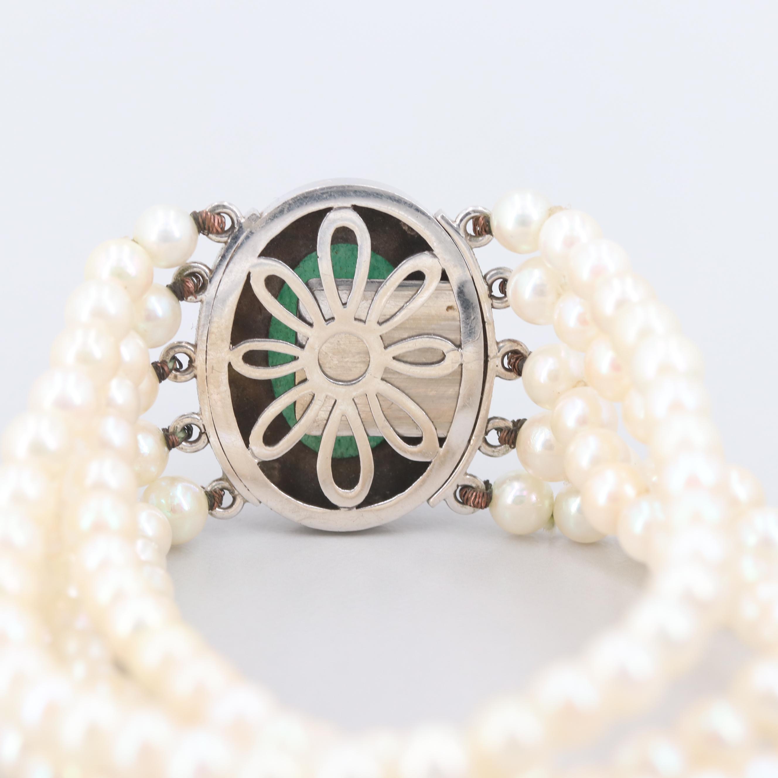 Multi-Strand Cultured Pearl Bracelet with 14K White Gold Aventurine Clasp