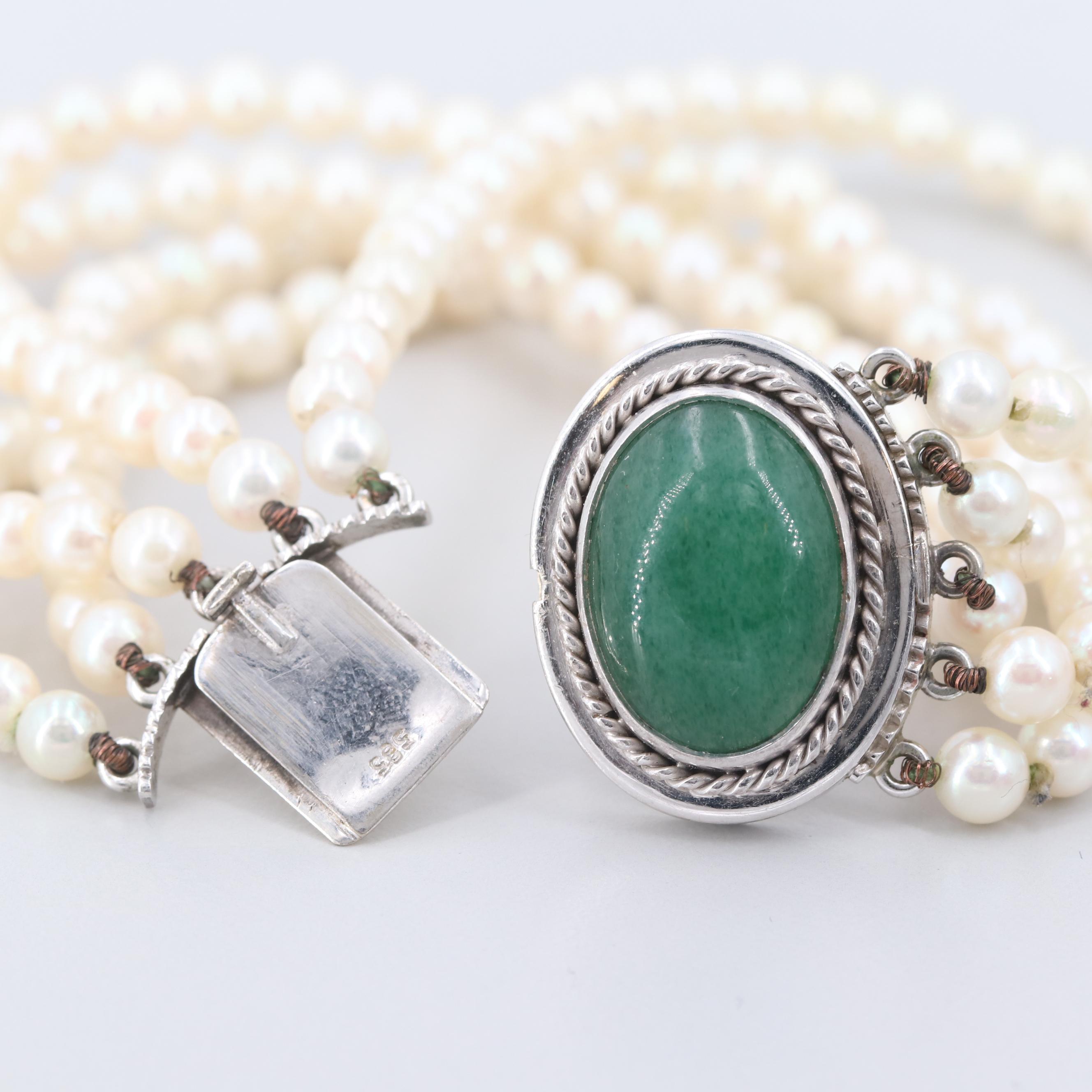 Multi-Strand Cultured Pearl Bracelet with 14K White Gold Aventurine Clasp