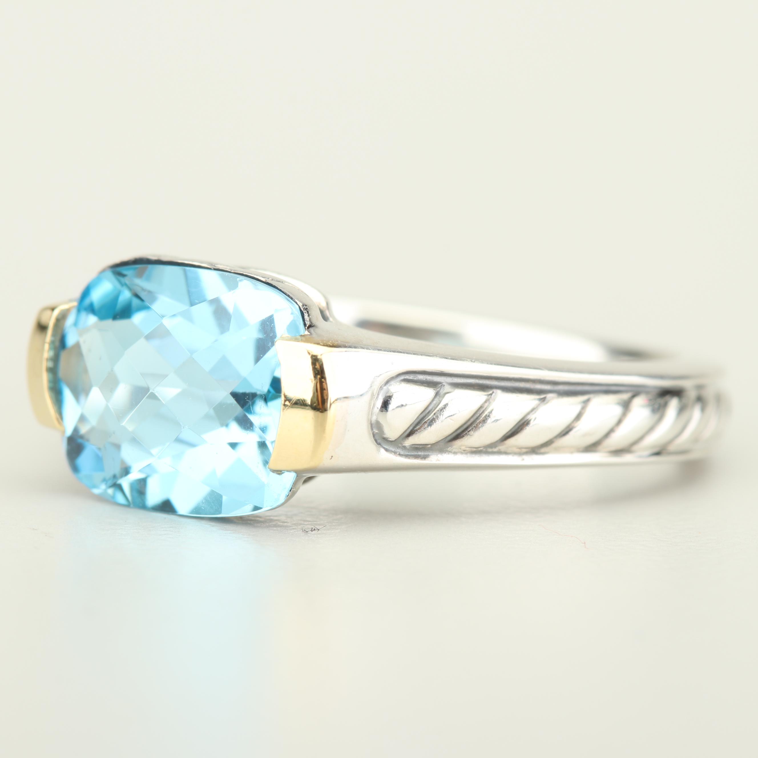 David Yurman Sterling Silver 18K Gold Accented 3.59 CT Blue Topaz Ring