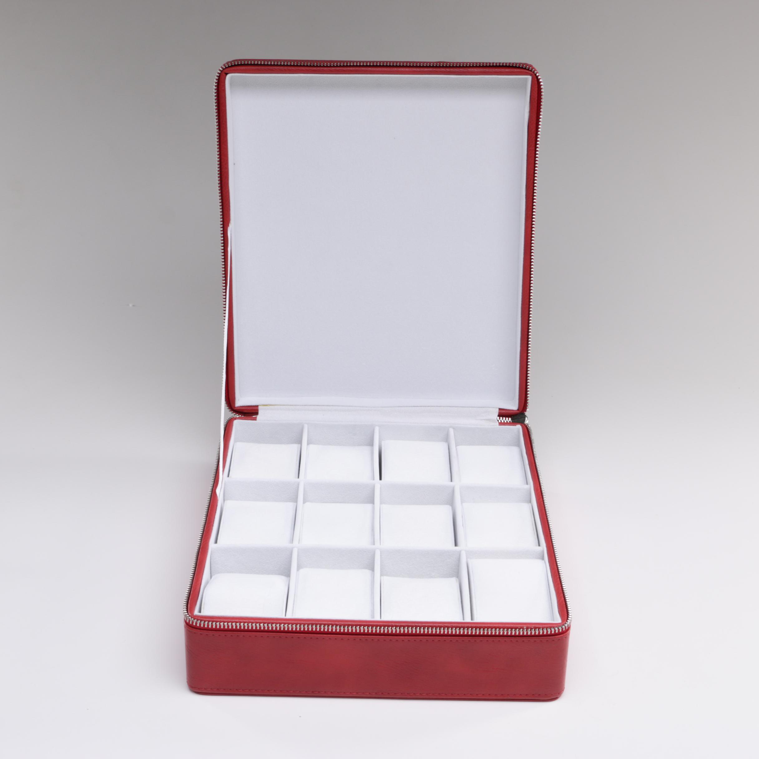 Red Leather Twelve Watch Zipper Case